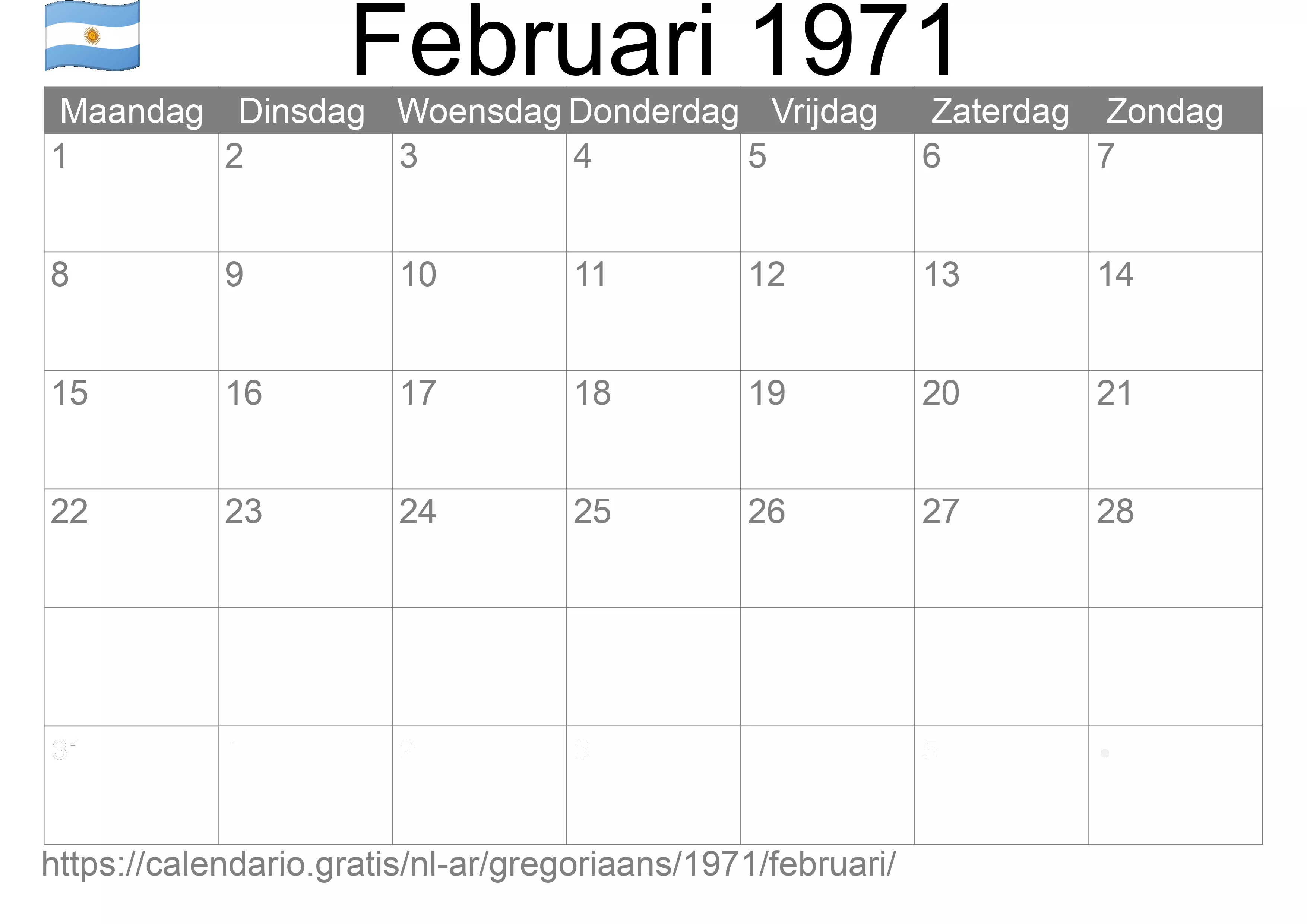Kalender Februari 1971 om af te drukken (Argentinië)