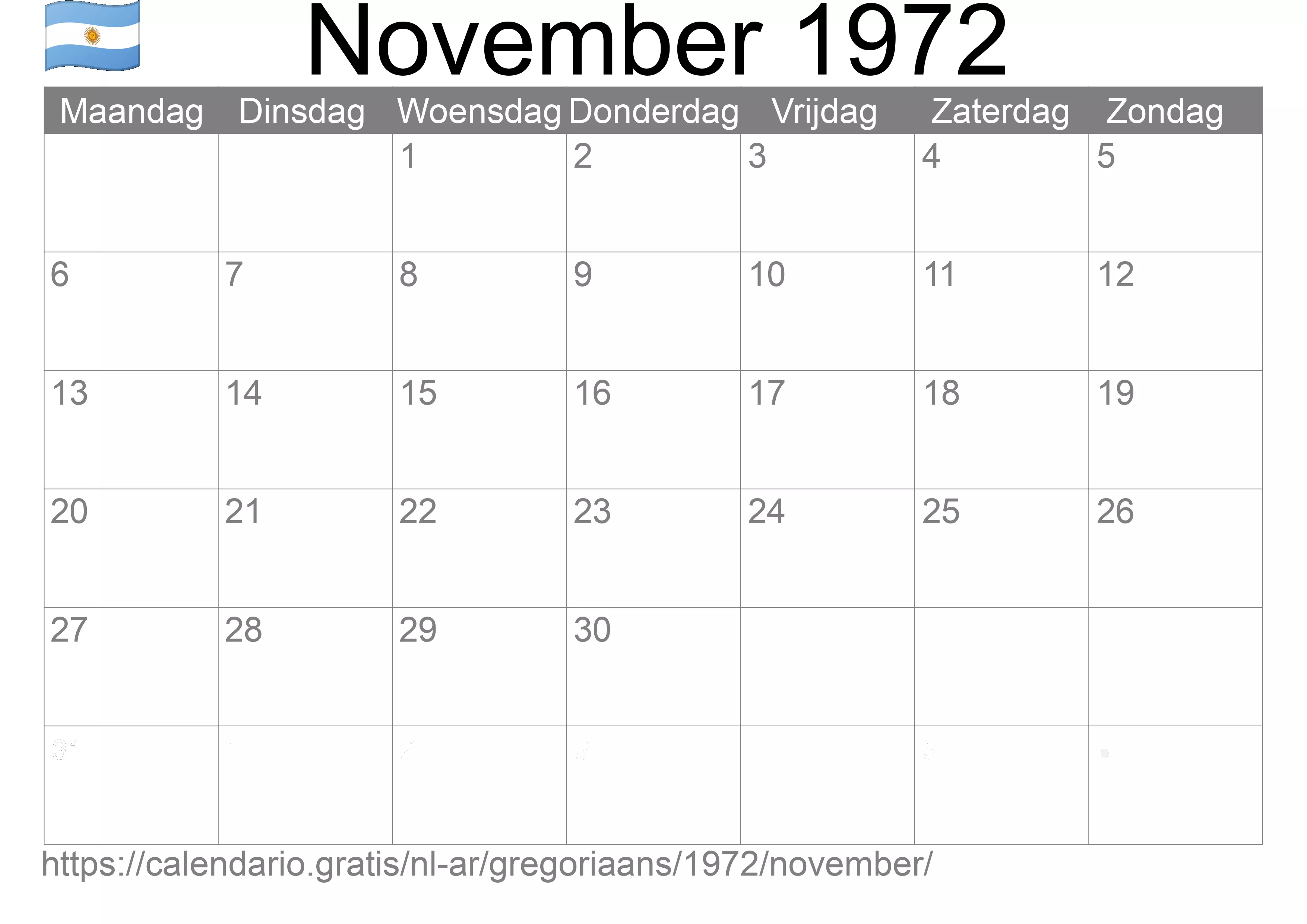 Kalender November 1972 om af te drukken (Argentinië)