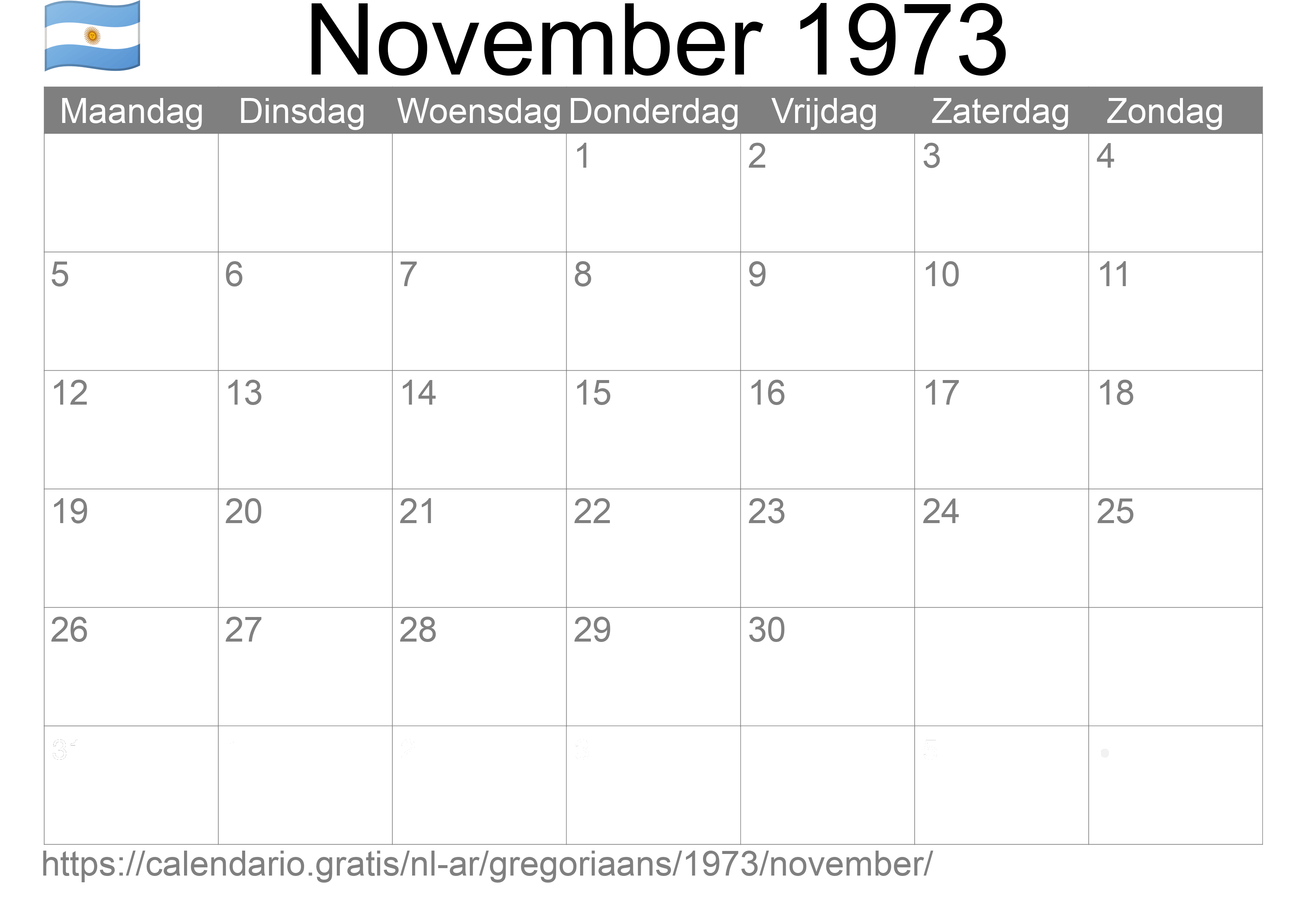 Kalender November 1973 om af te drukken