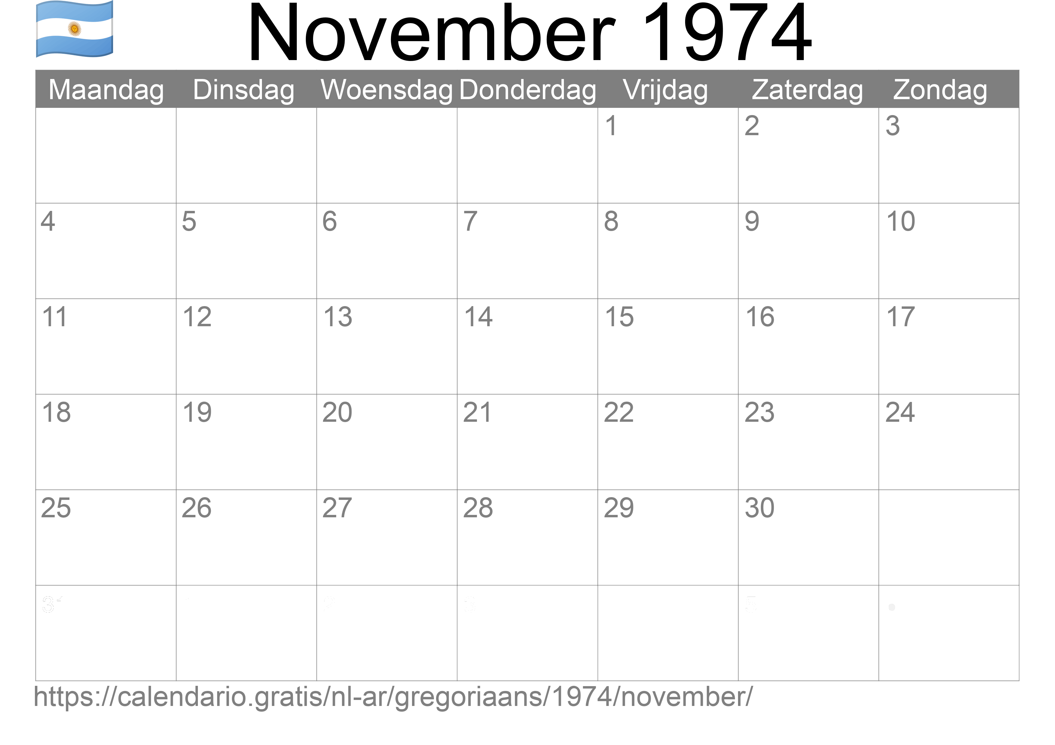 Kalender November 1974 om af te drukken