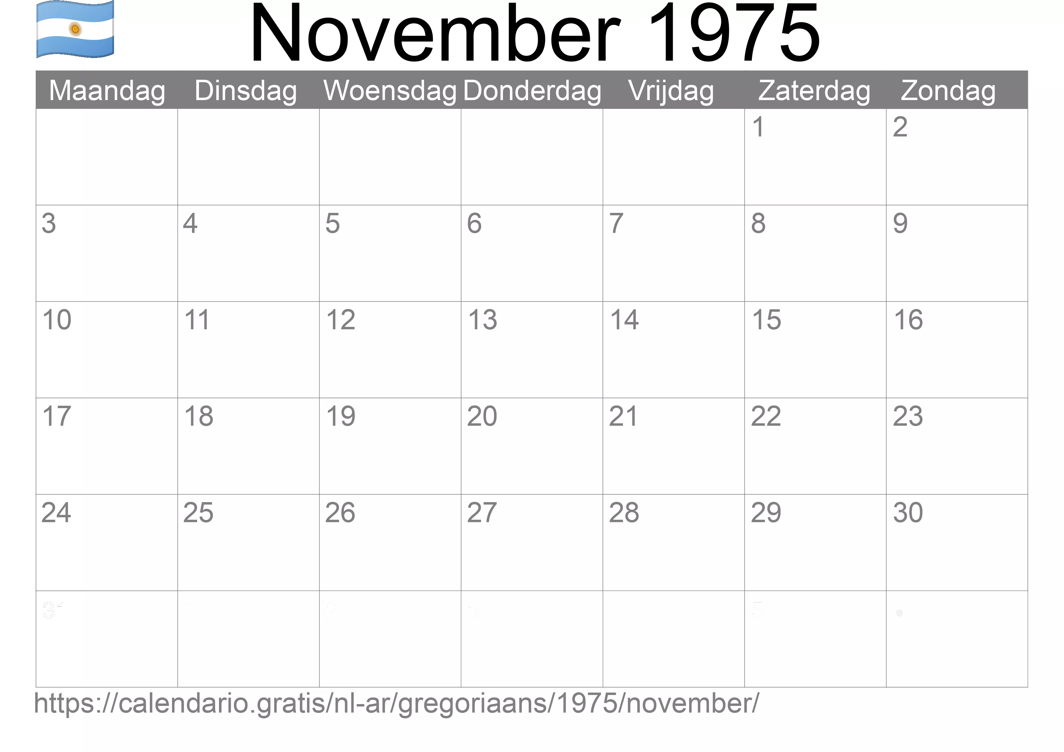 Kalender November 1975 om af te drukken (Argentinië)
