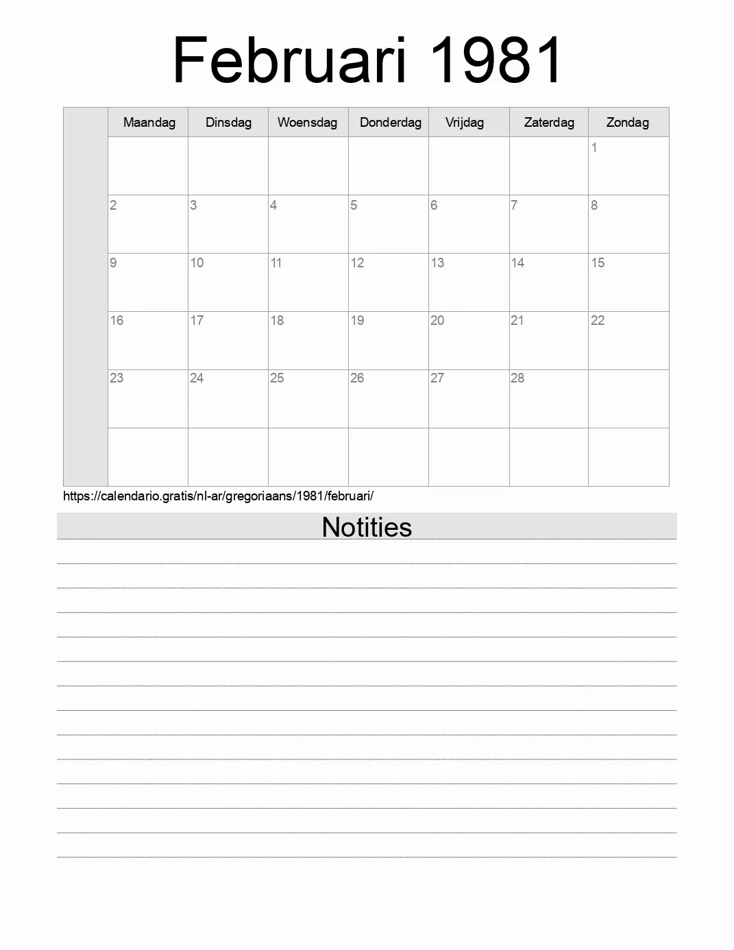 Kalender voor Februari 1981 om af te drukken met notities. (Argentinië)