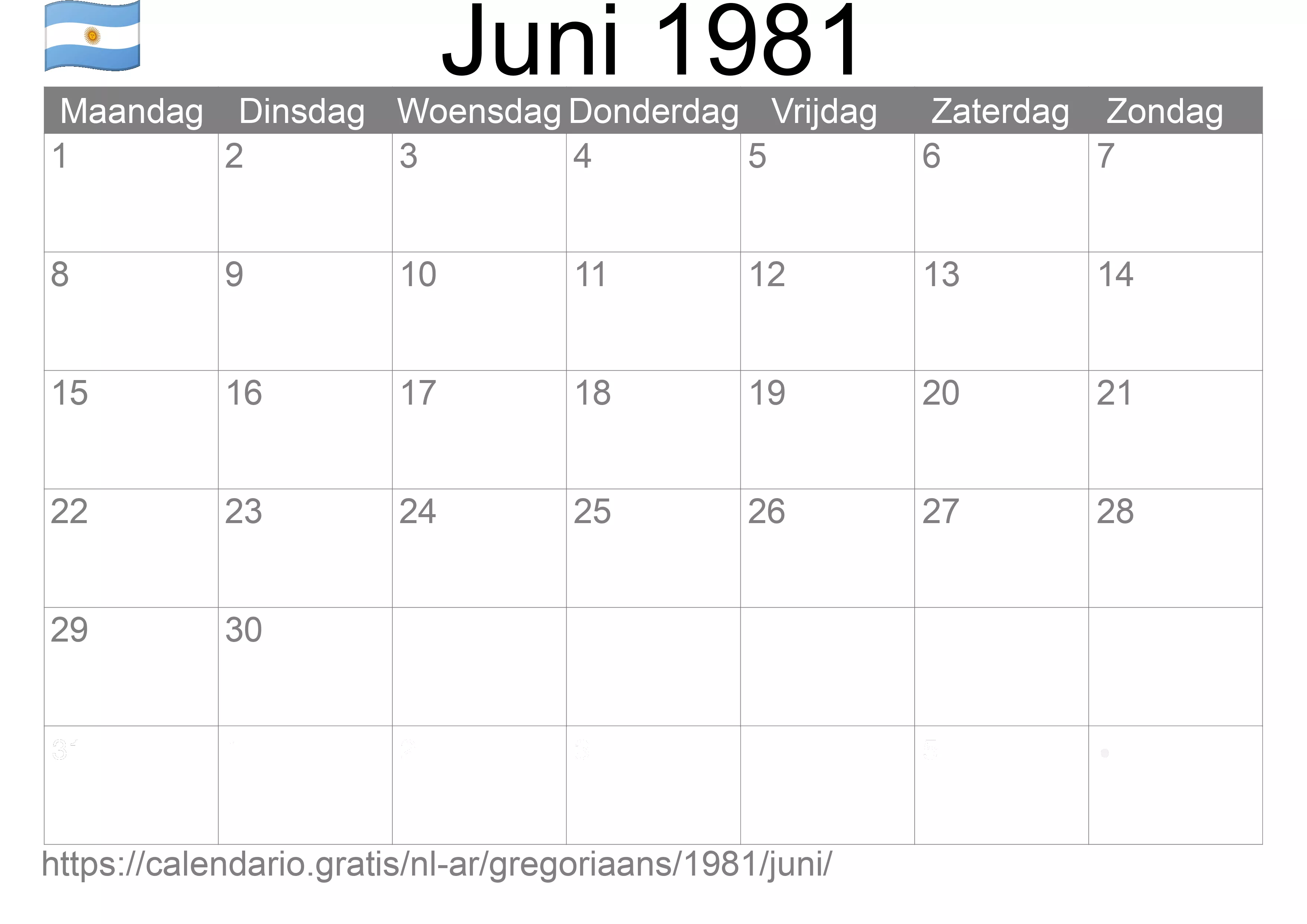 Kalender Juni 1981 om af te drukken (Argentinië)