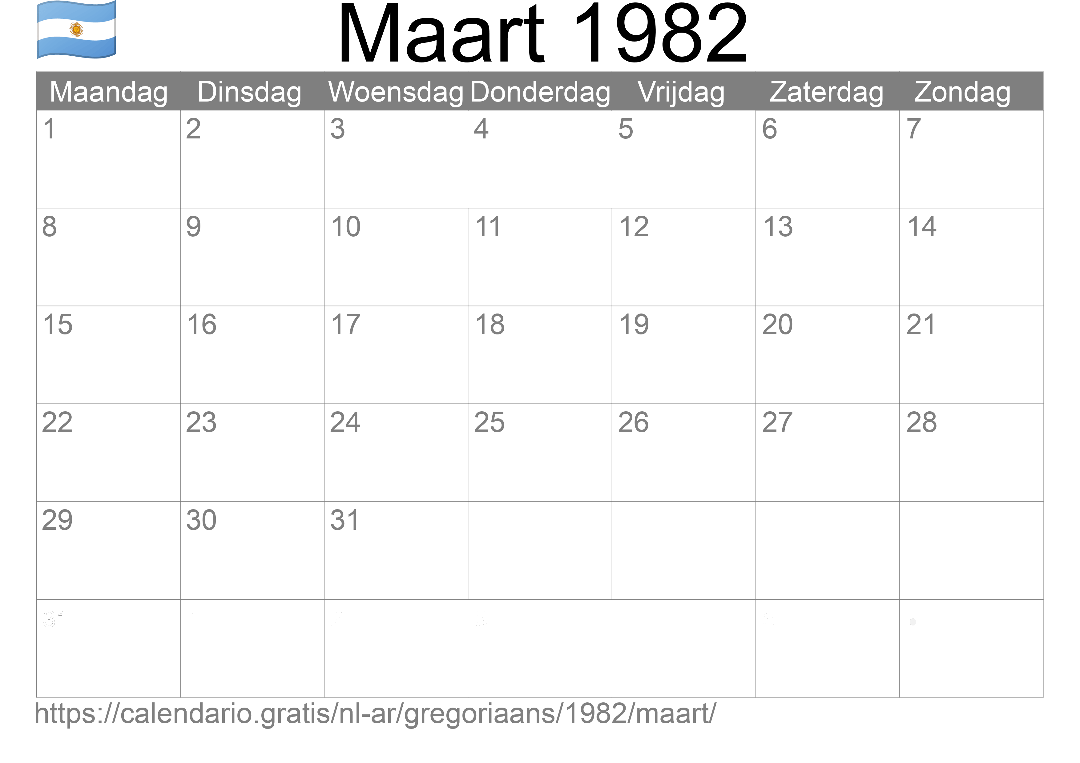 Kalender Maart 1982 om af te drukken