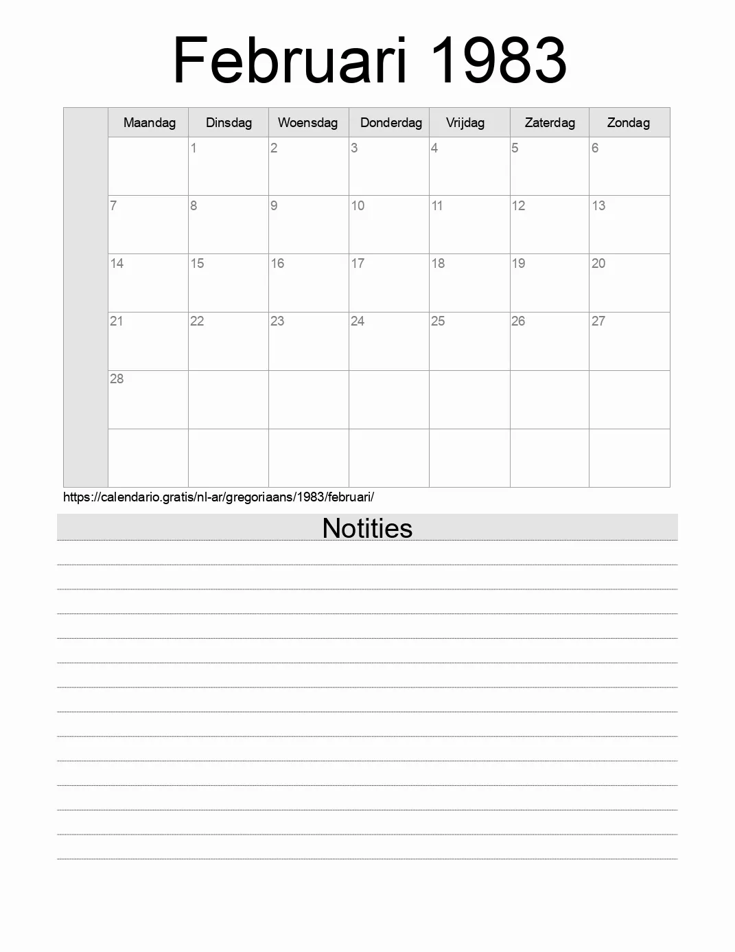 Kalender voor Februari 1983 om af te drukken met notities. (Argentinië)