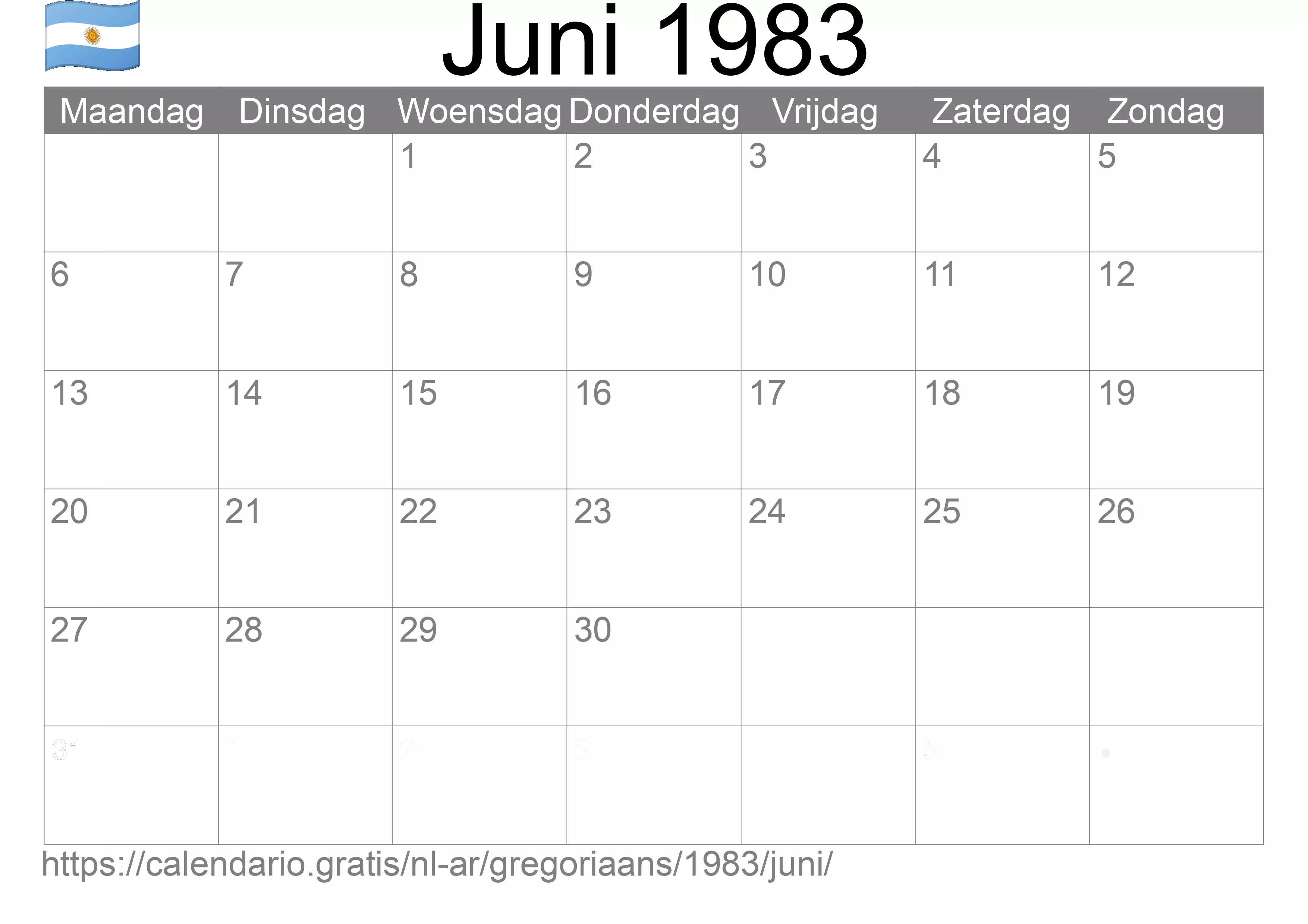 Kalender Juni 1983 om af te drukken (Argentinië)