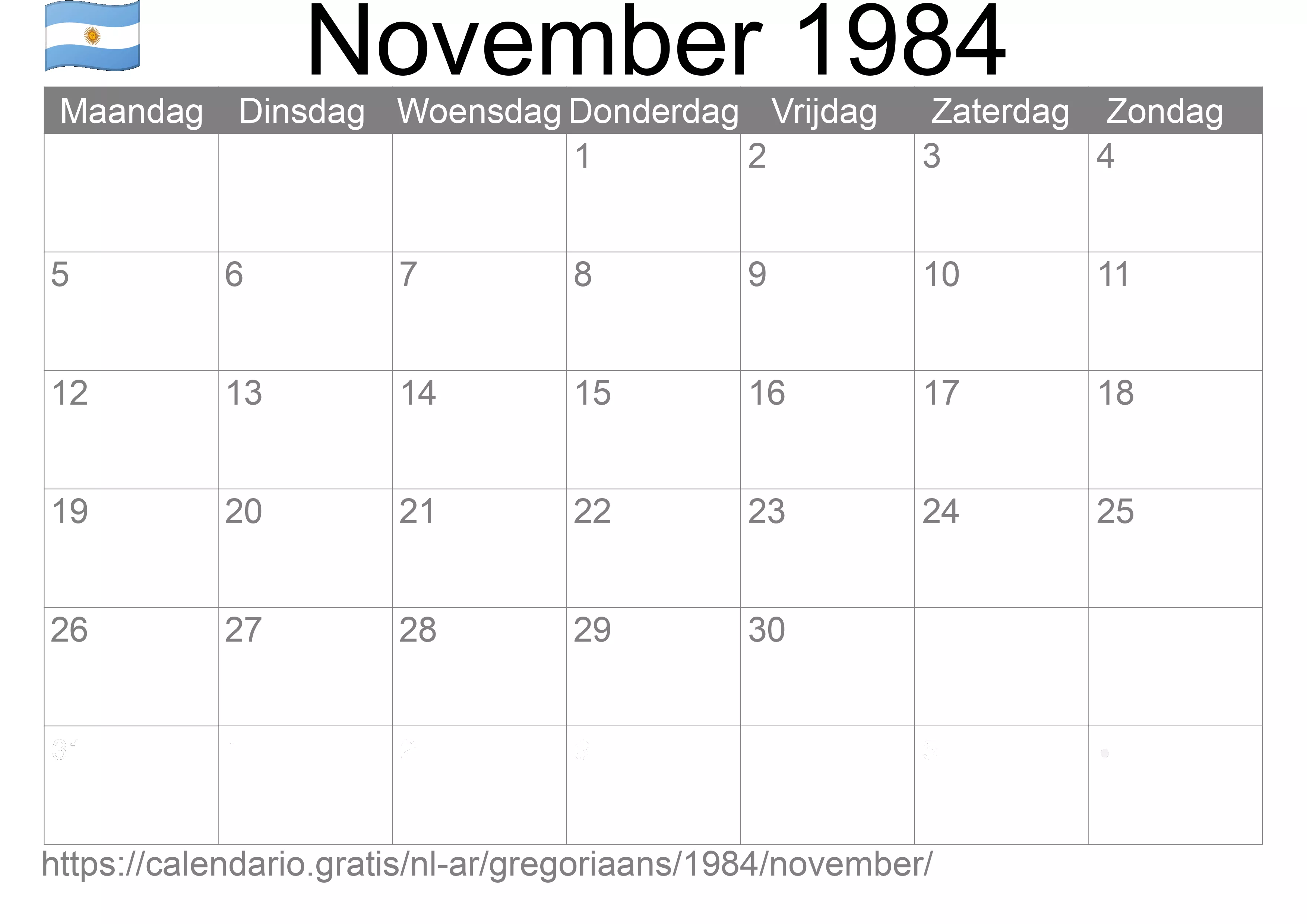Kalender November 1984 om af te drukken (Argentinië)