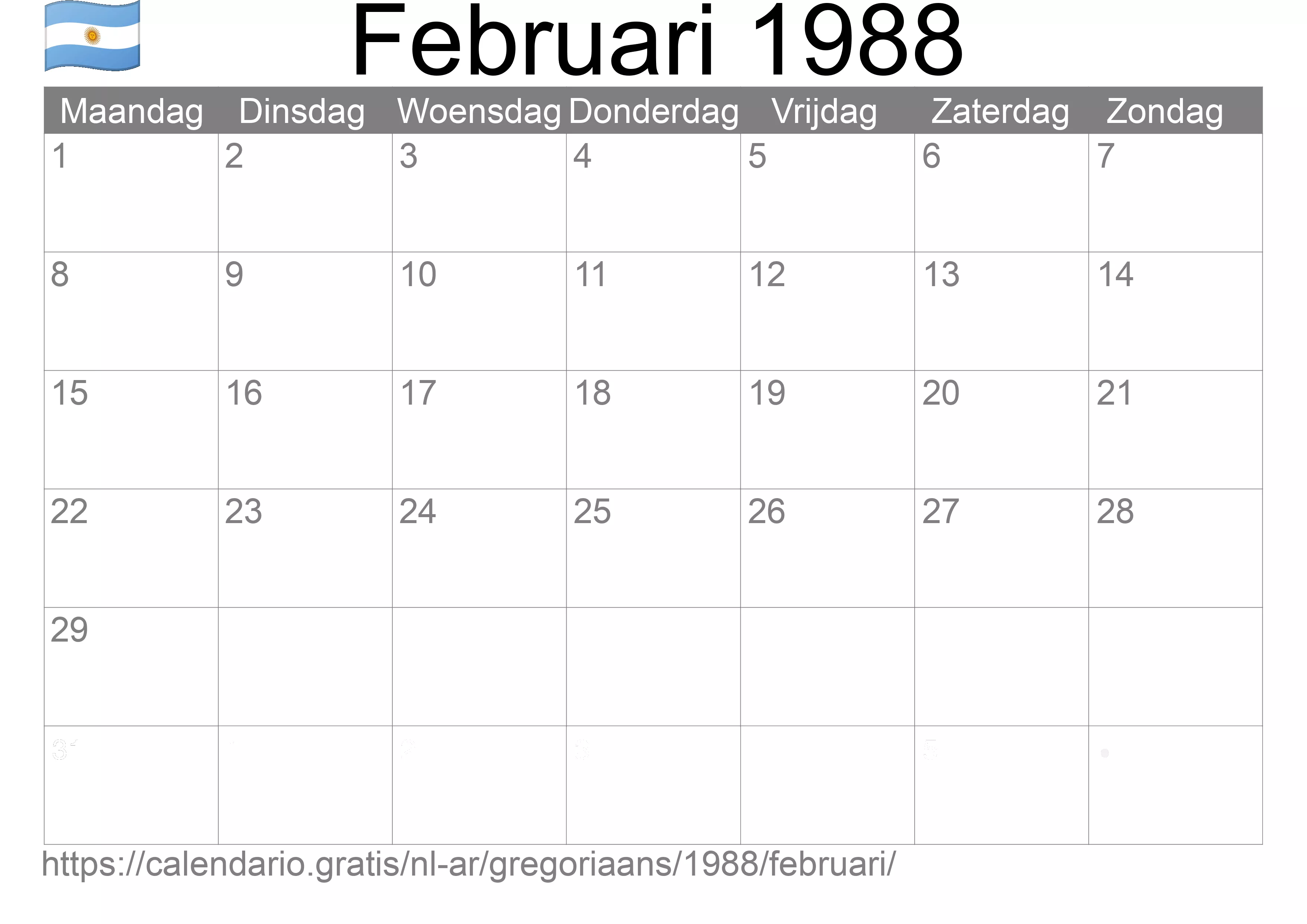 Kalender Februari 1988 om af te drukken (Argentinië)