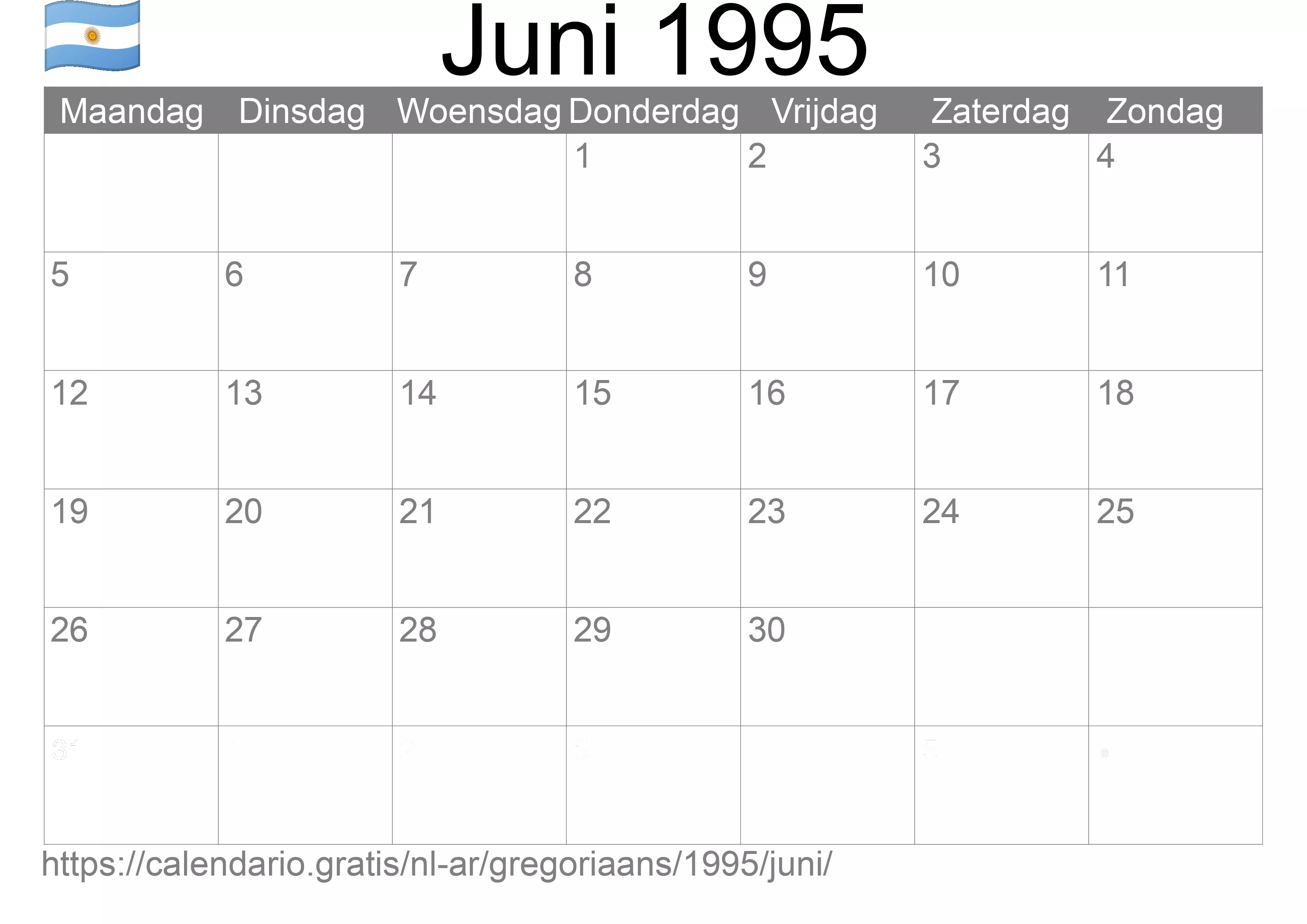 Kalender Juni 1995 om af te drukken (Argentinië)