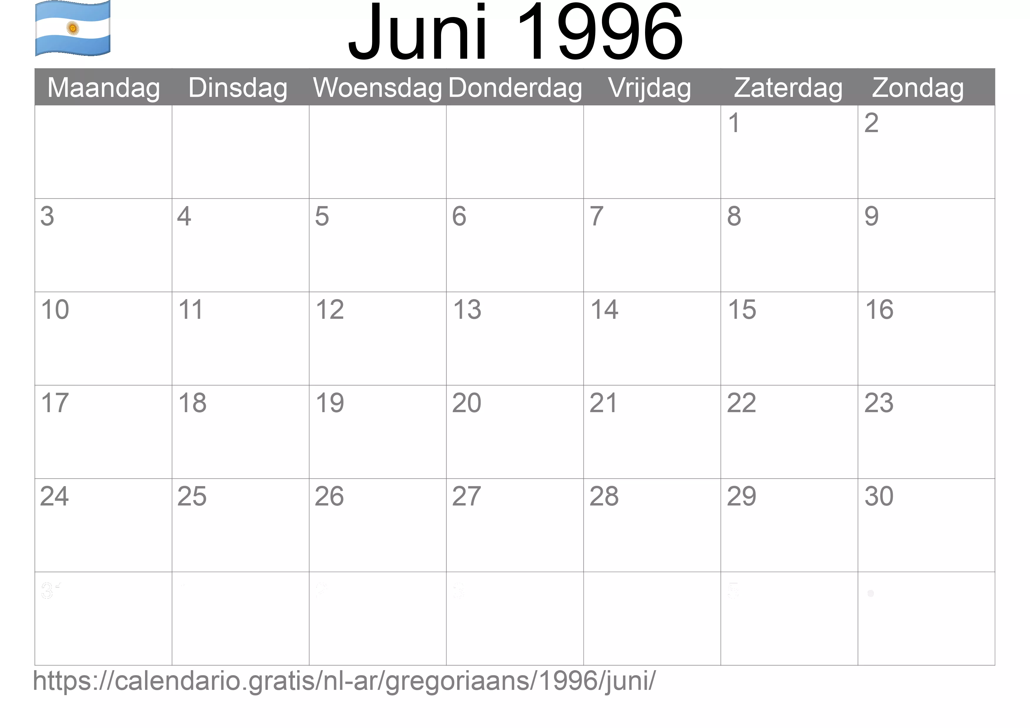 Kalender Juni 1996 om af te drukken (Argentinië)