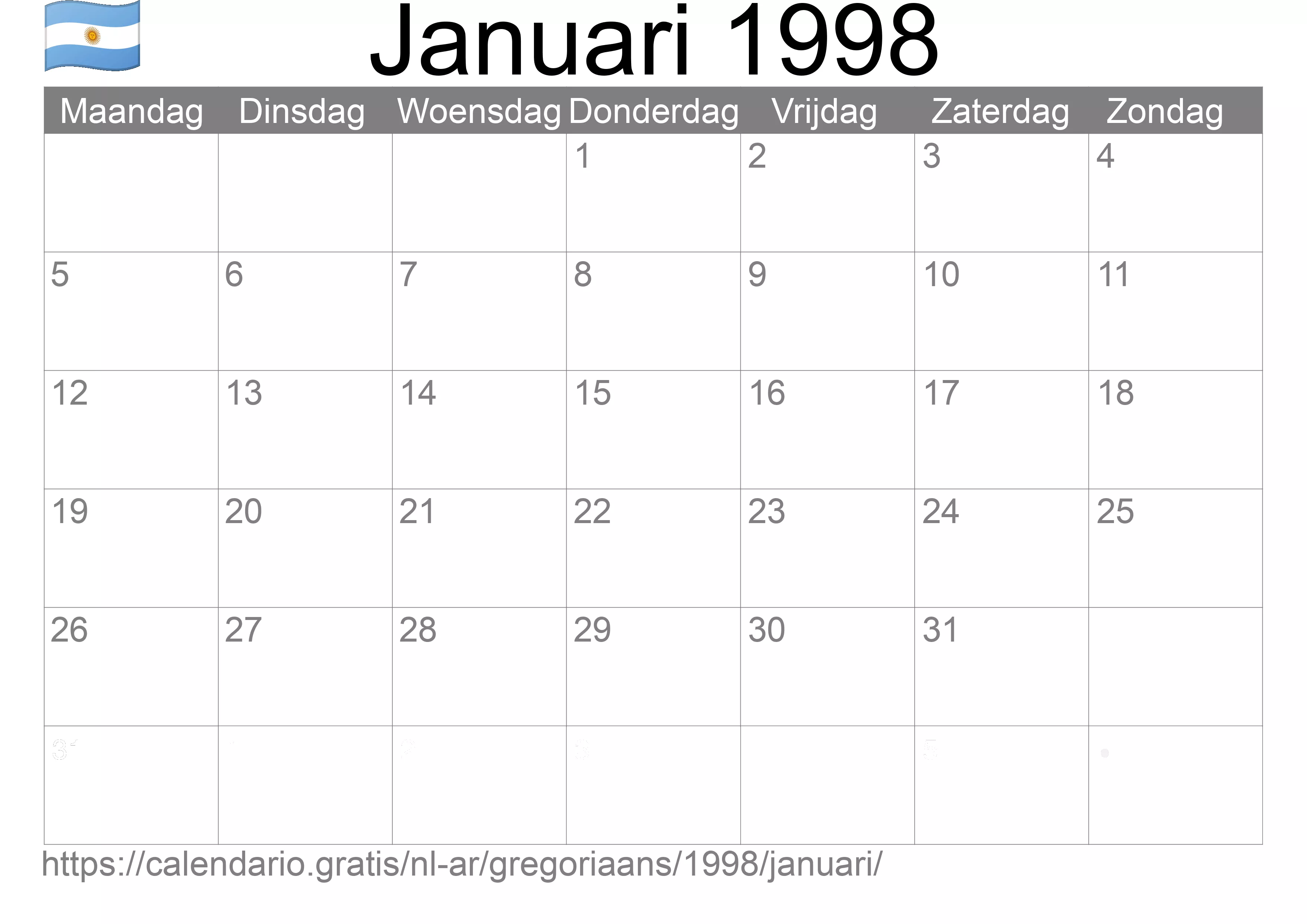 Kalender Januari 1998 om af te drukken (Argentinië)