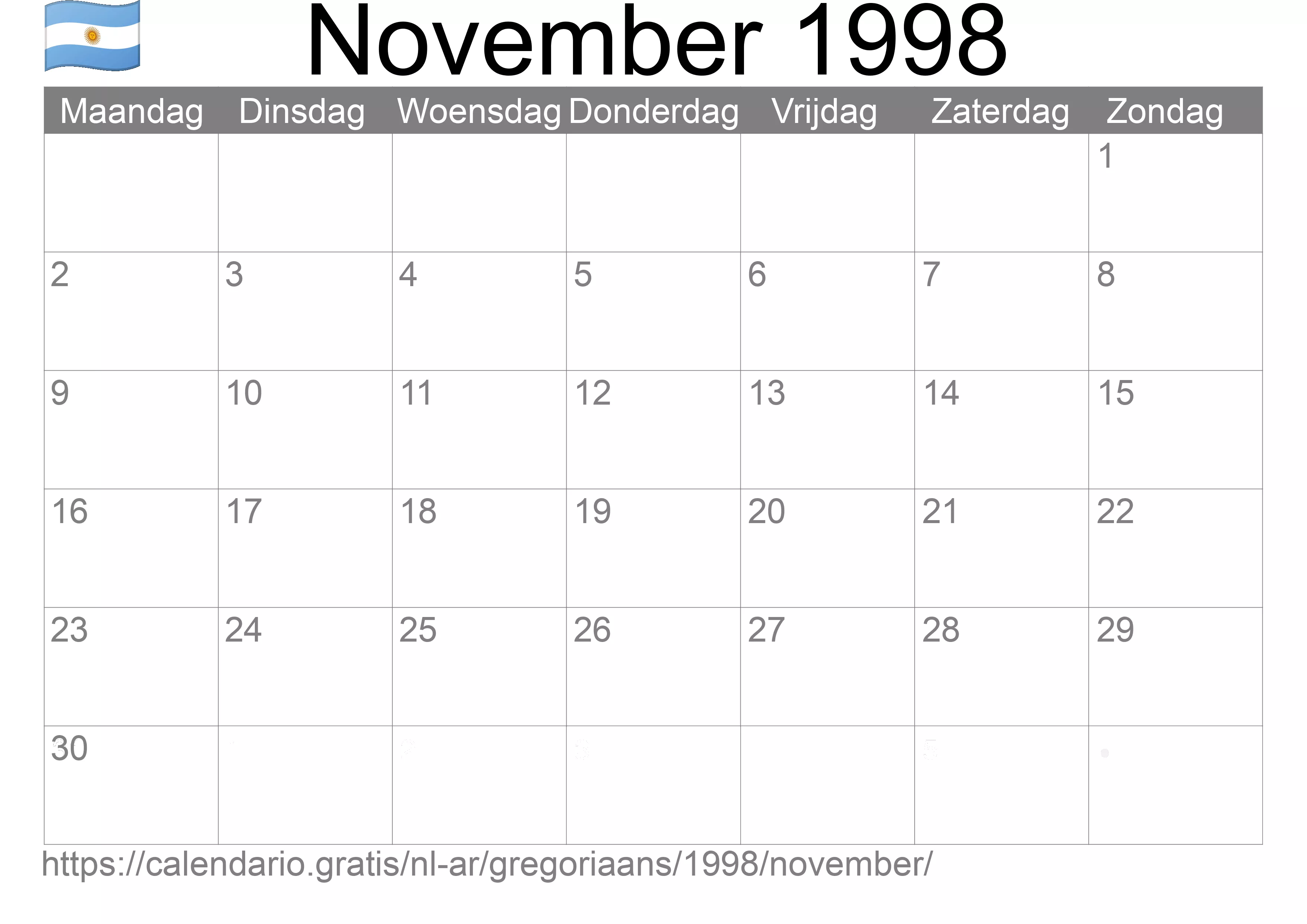 Kalender November 1998 om af te drukken (Argentinië)