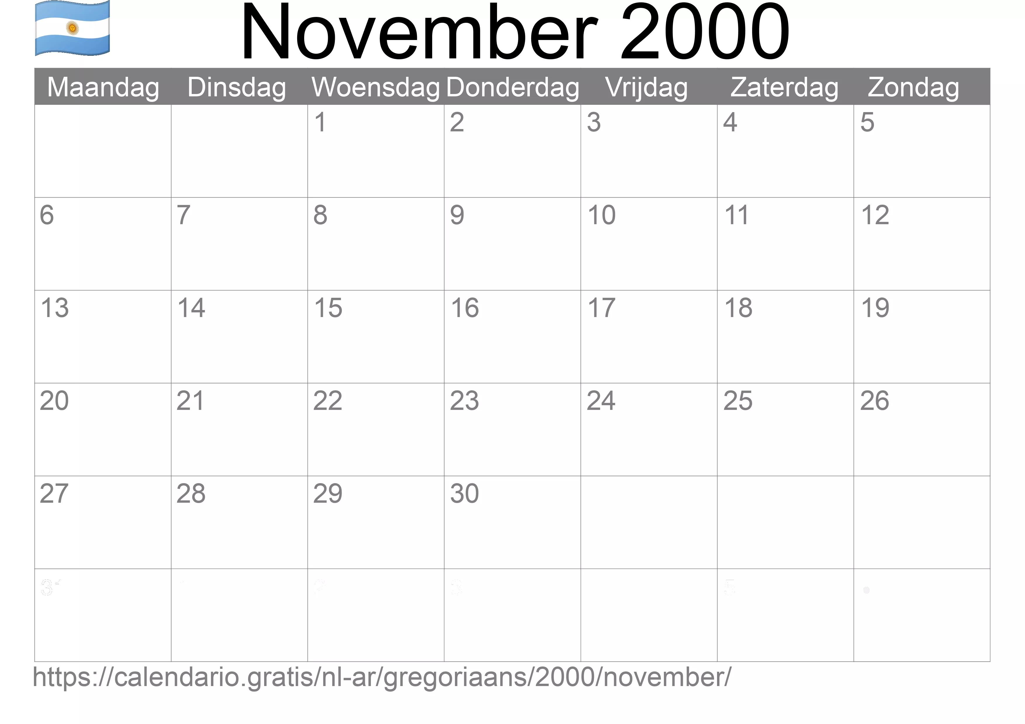 Kalender November 2000 om af te drukken (Argentinië)
