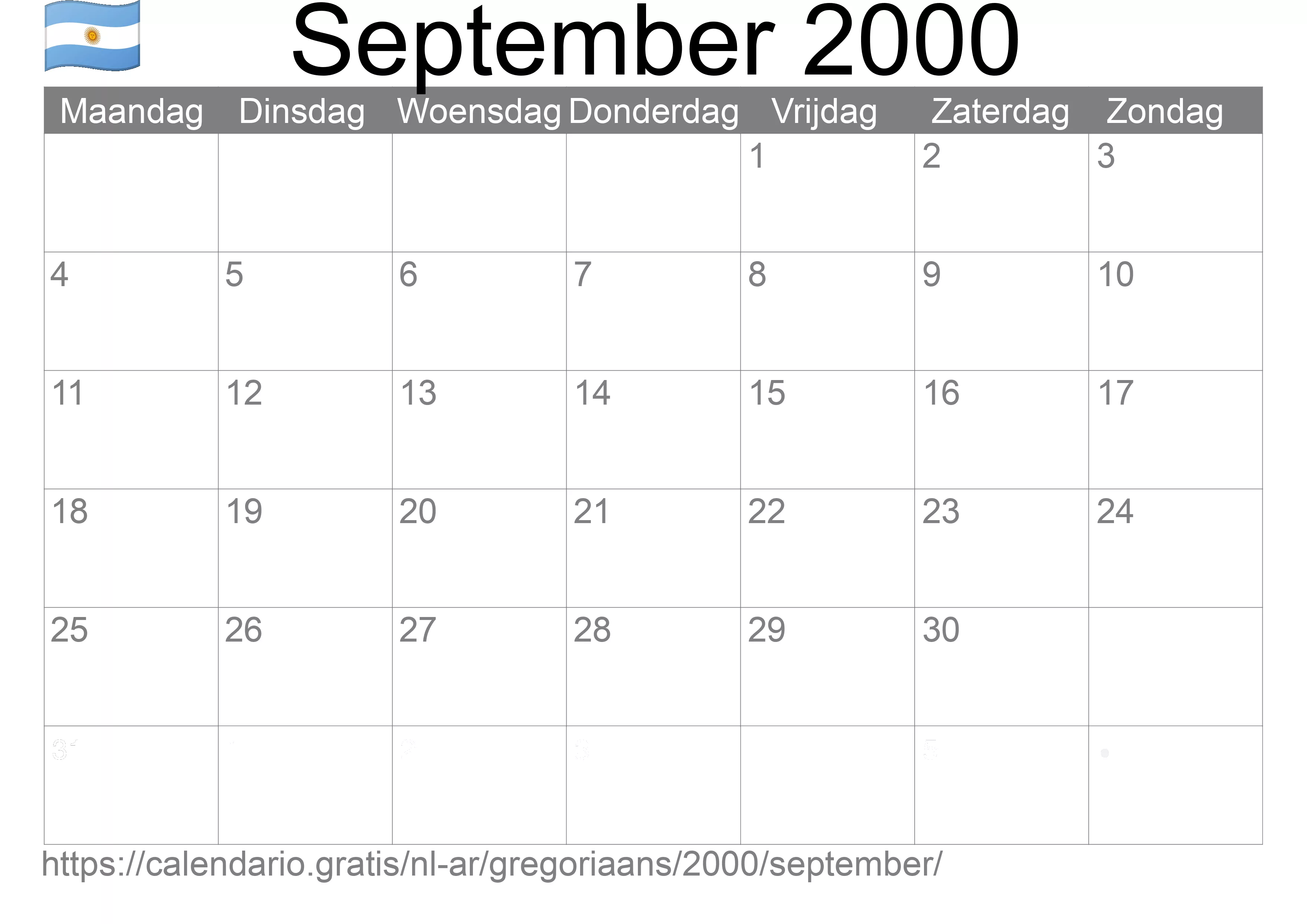 Kalender September 2000 om af te drukken (Argentinië)