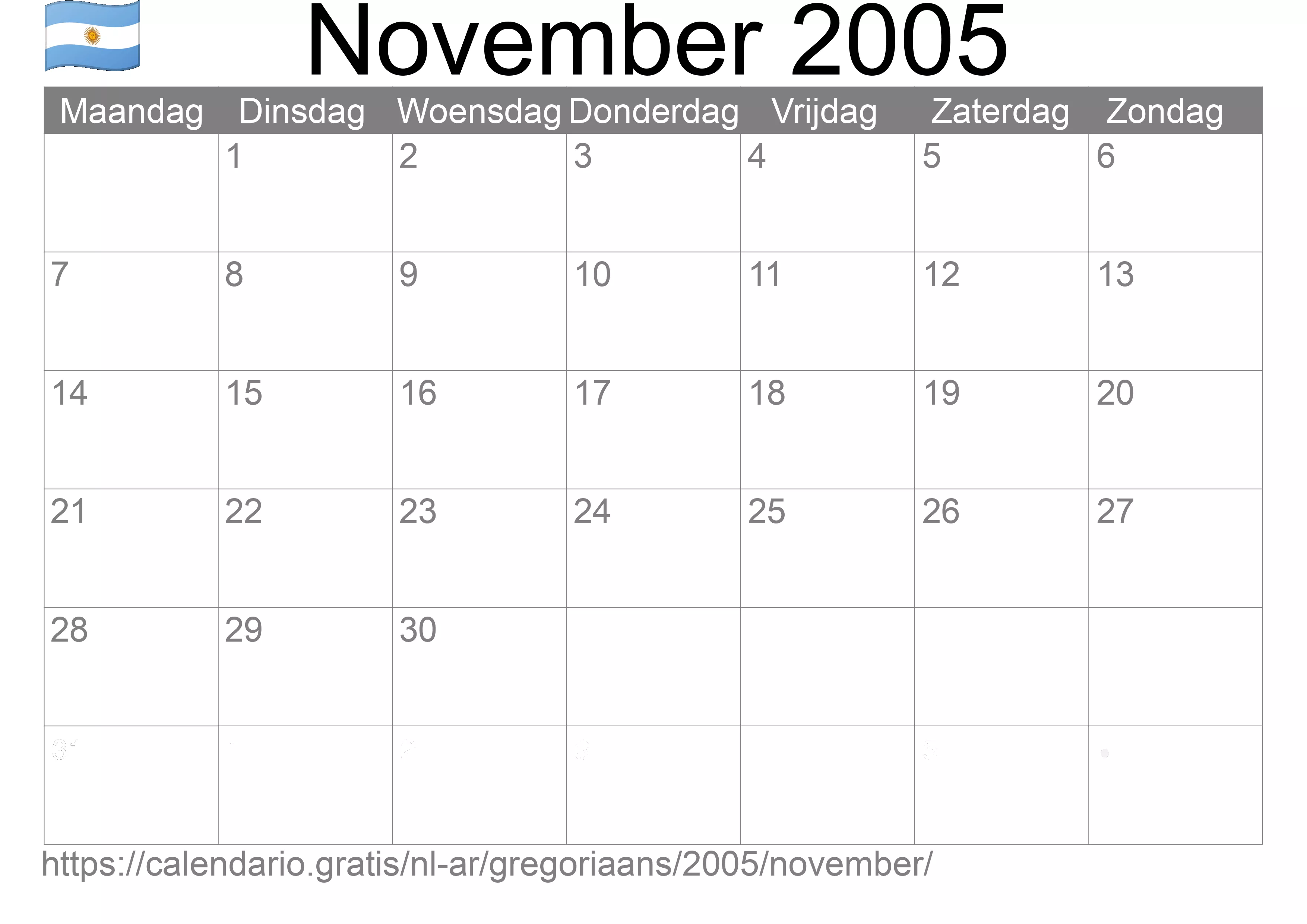 Kalender November 2005 om af te drukken (Argentinië)