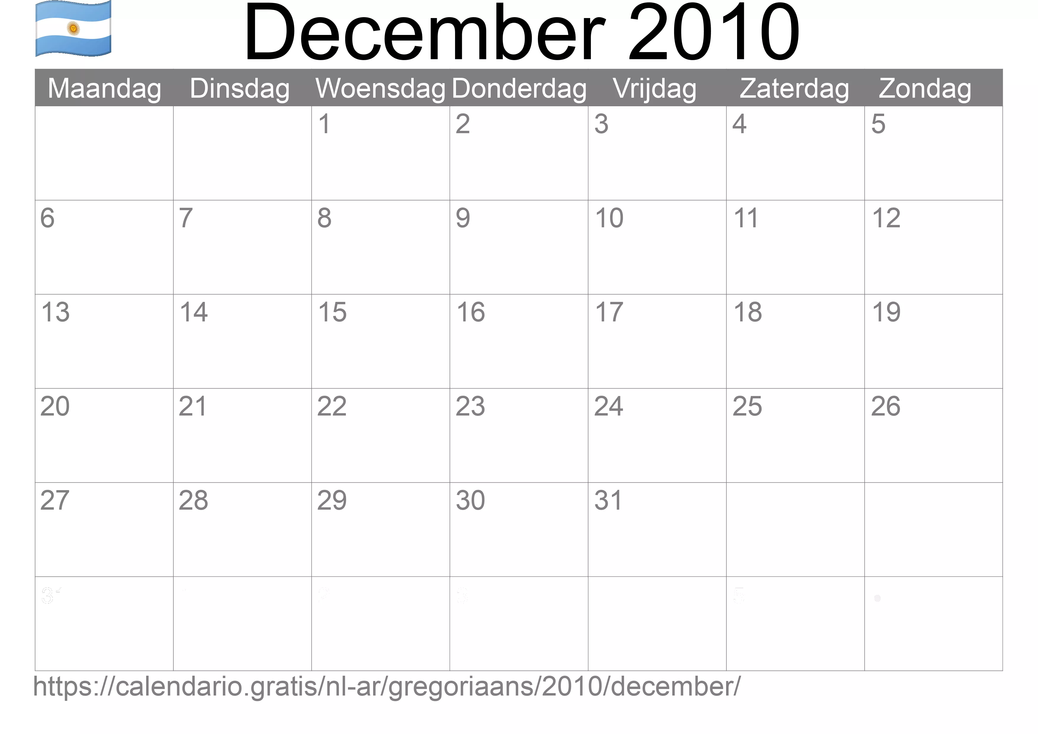 Kalender December 2010 om af te drukken (Argentinië)