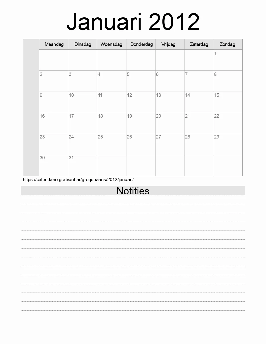 Kalender voor Januari 2012 om af te drukken met notities. (Argentinië)