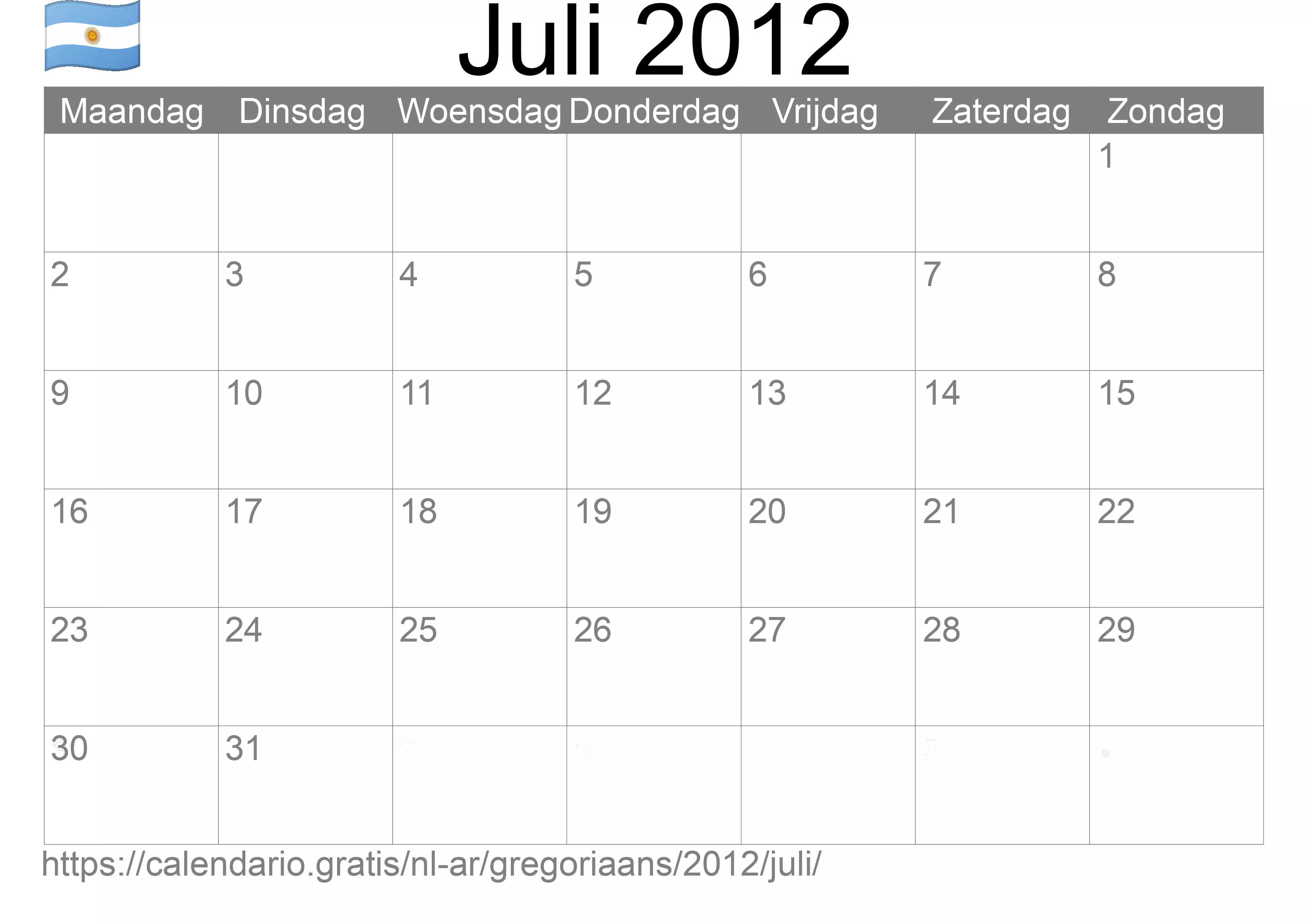 Kalender Juli 2012 om af te drukken (Argentinië)