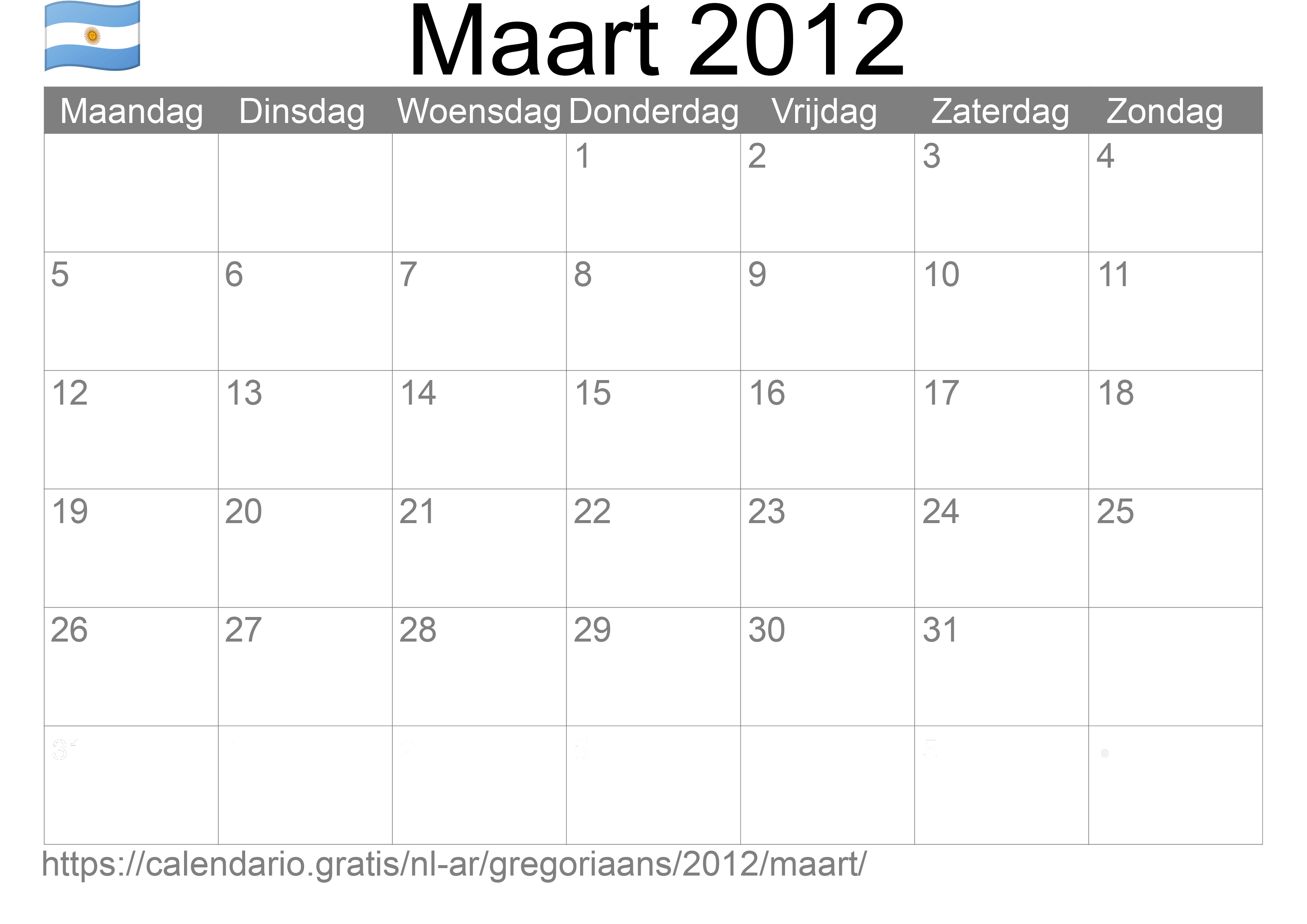 Kalender Maart 2012 om af te drukken