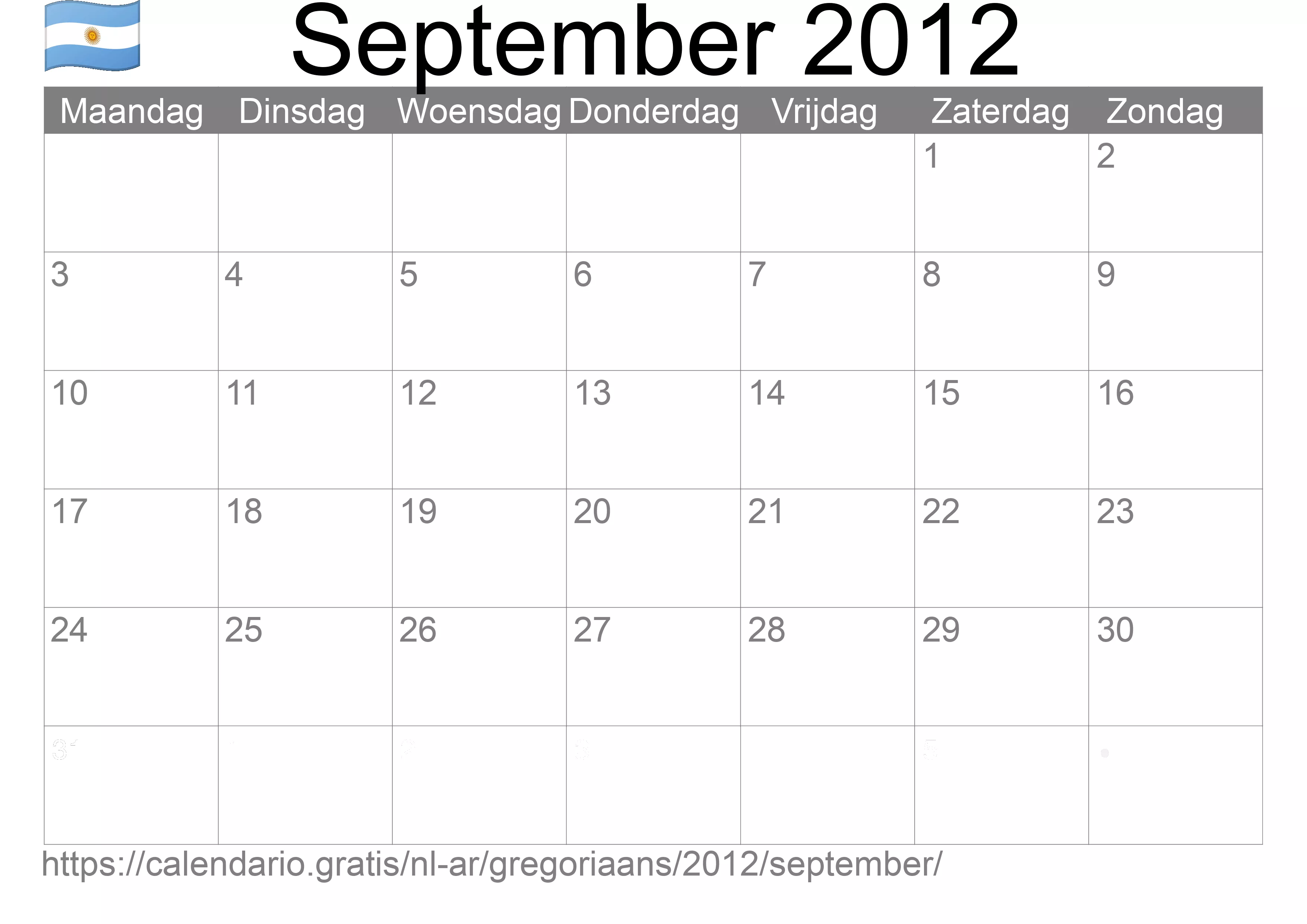 Kalender September 2012 om af te drukken (Argentinië)