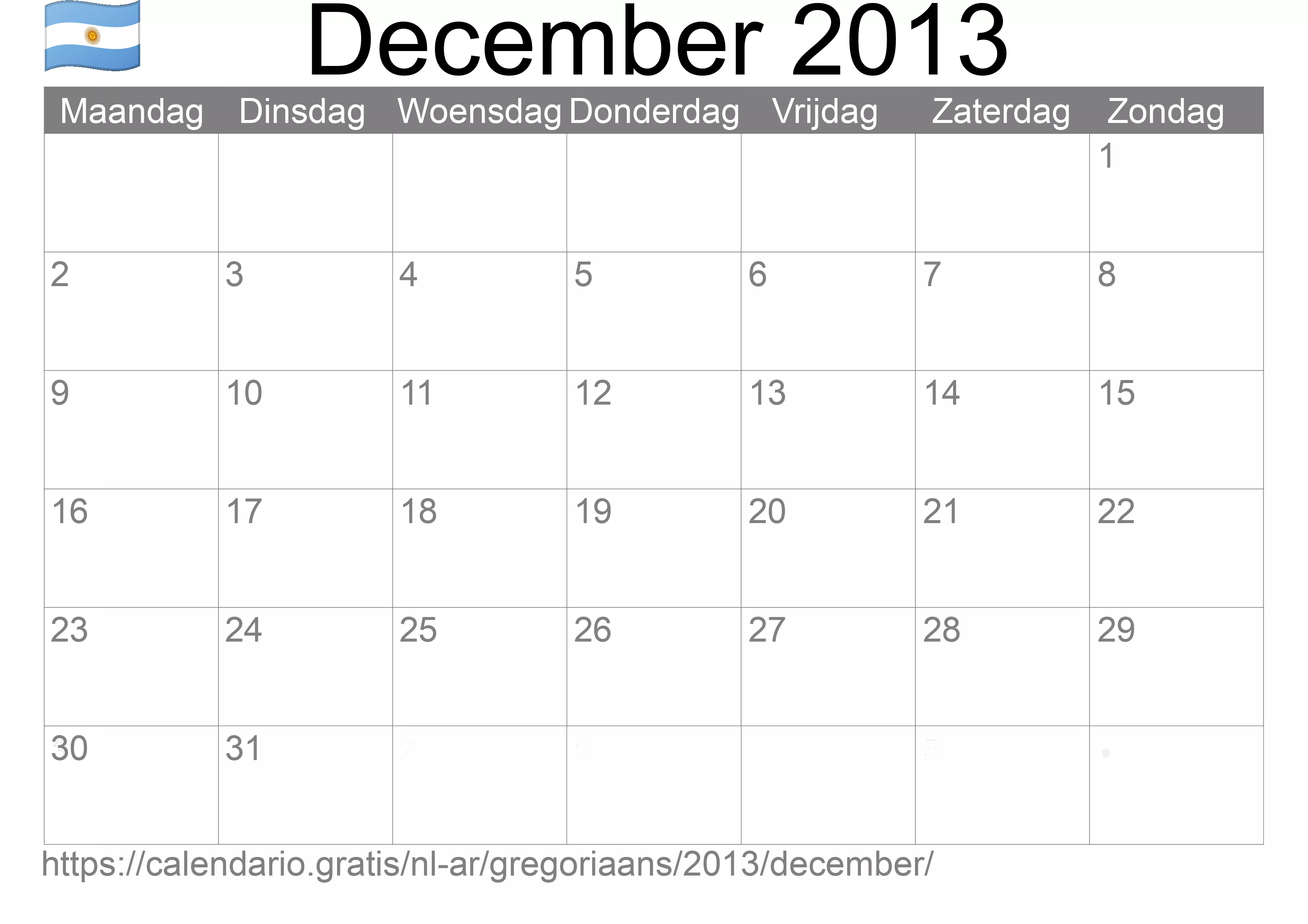 Kalender December 2013 om af te drukken (Argentinië)