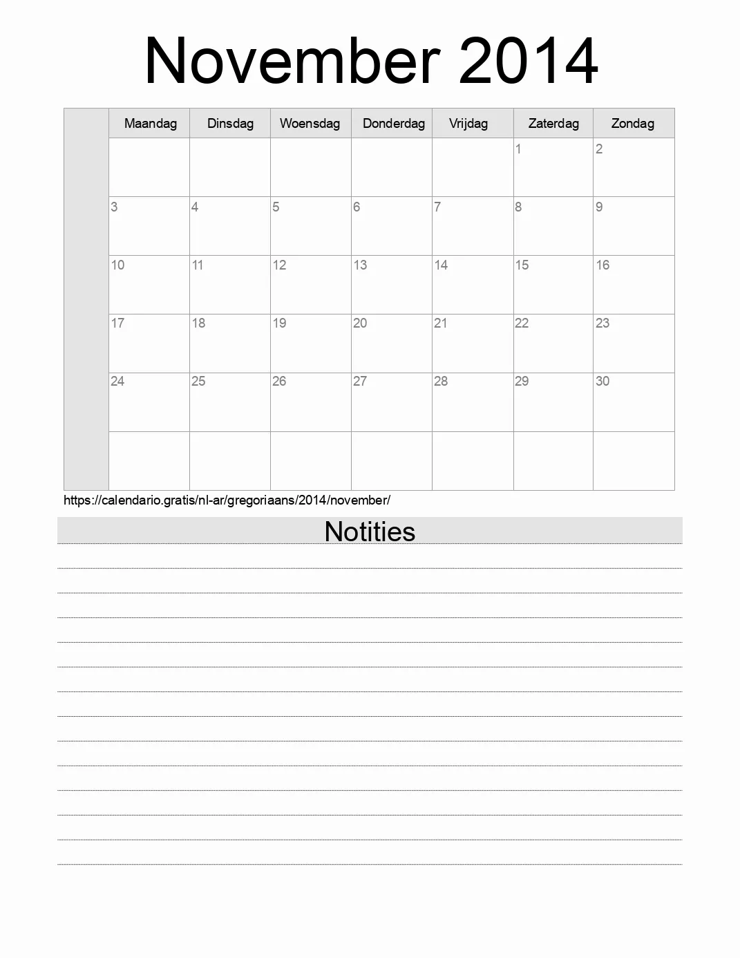 Kalender voor November 2014 om af te drukken met notities. (Argentinië)