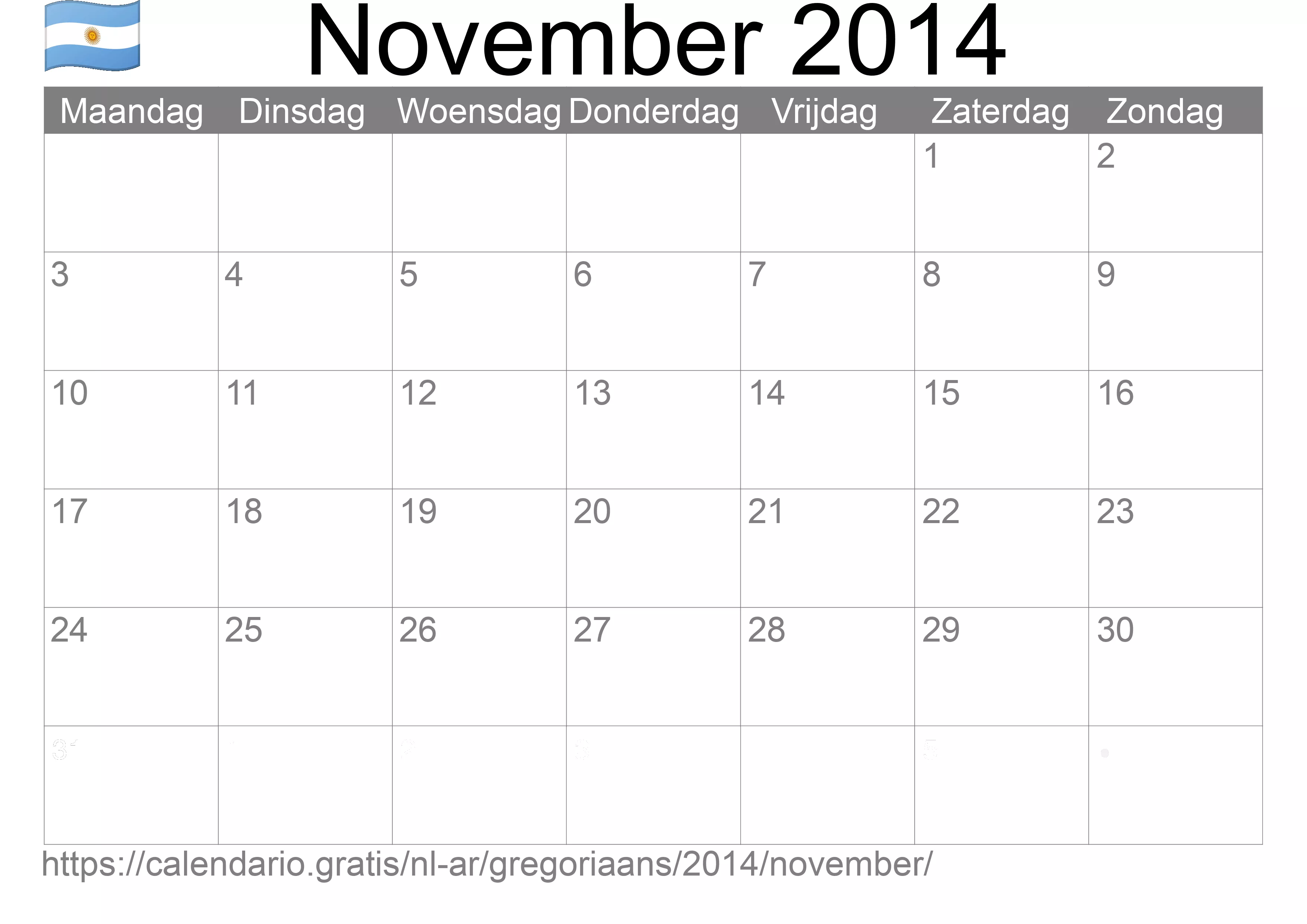 Kalender November 2014 om af te drukken (Argentinië)