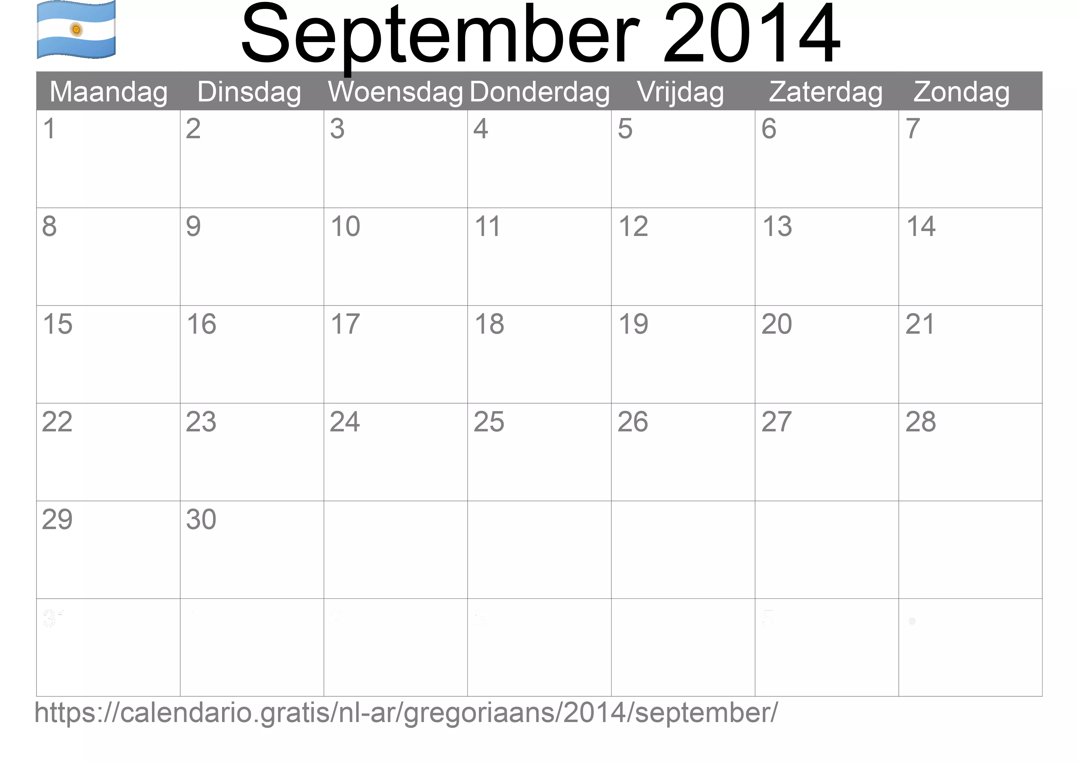 Kalender September 2014 om af te drukken (Argentinië)