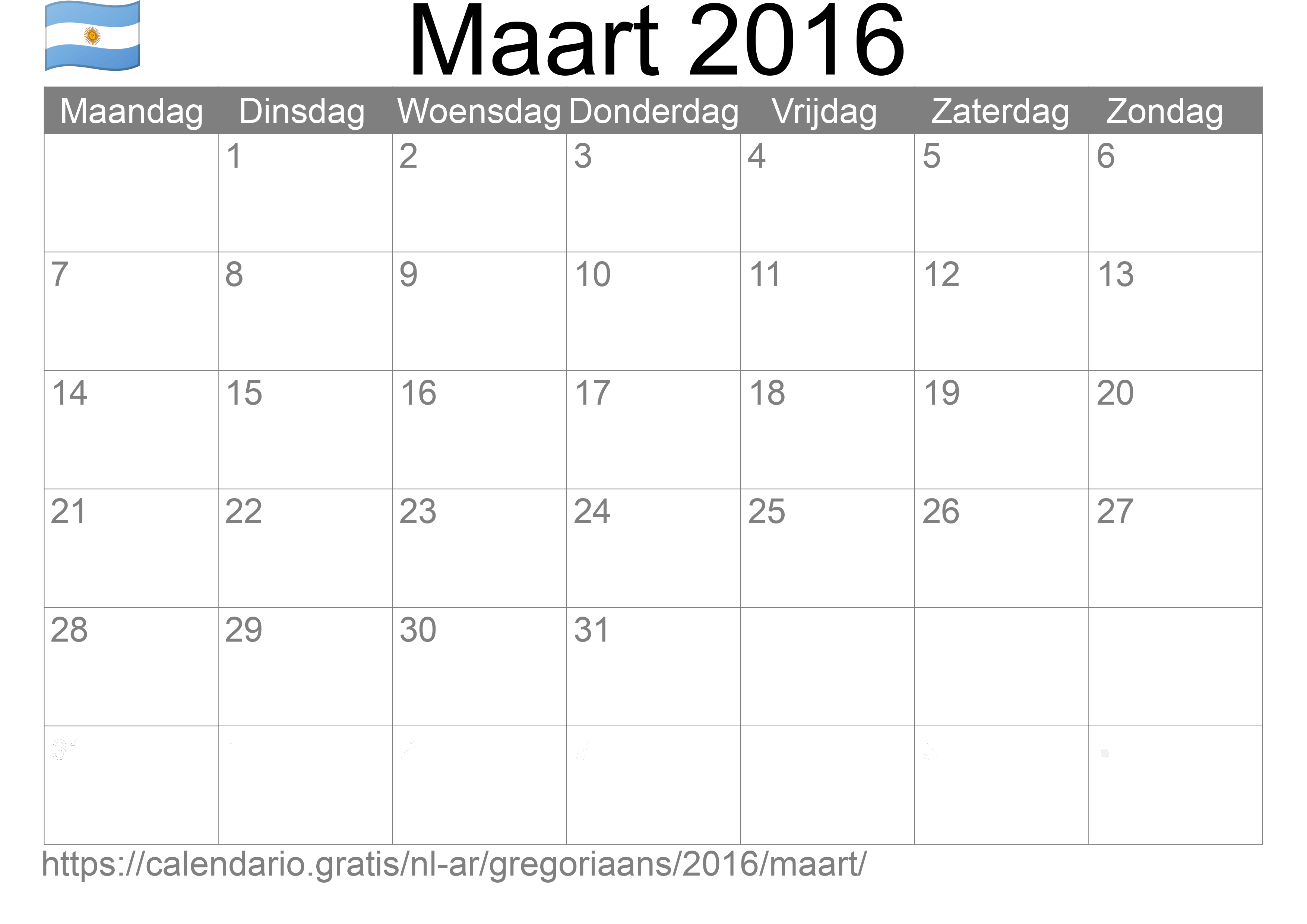 Kalender Maart 2016 om af te drukken