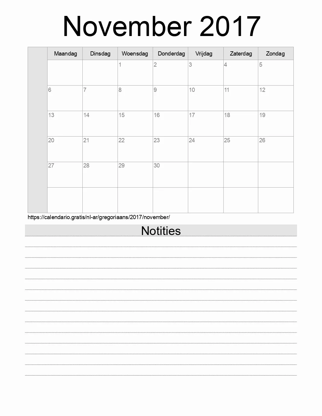 Kalender voor November 2017 om af te drukken met notities. (Argentinië)