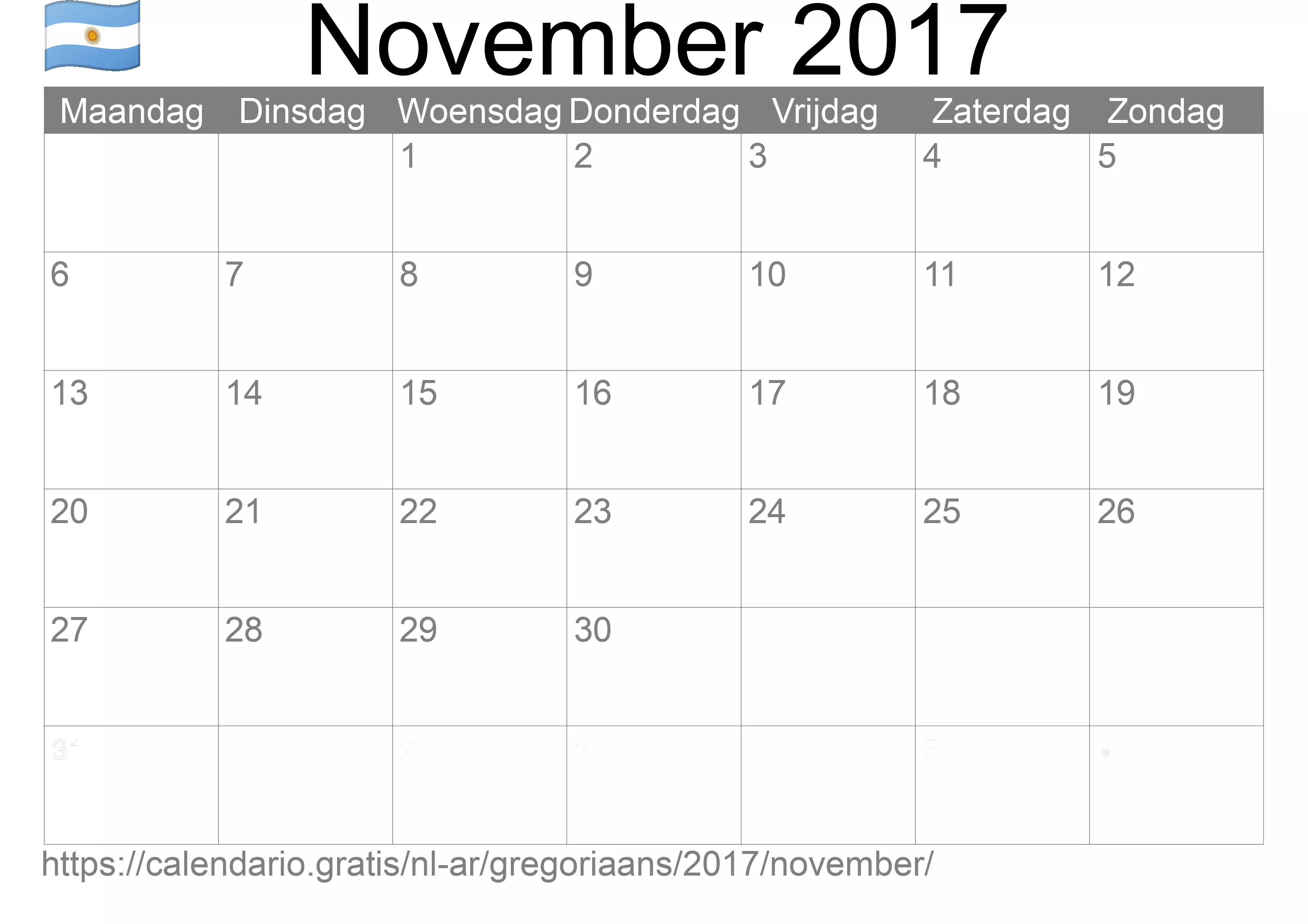Kalender November 2017 om af te drukken (Argentinië)