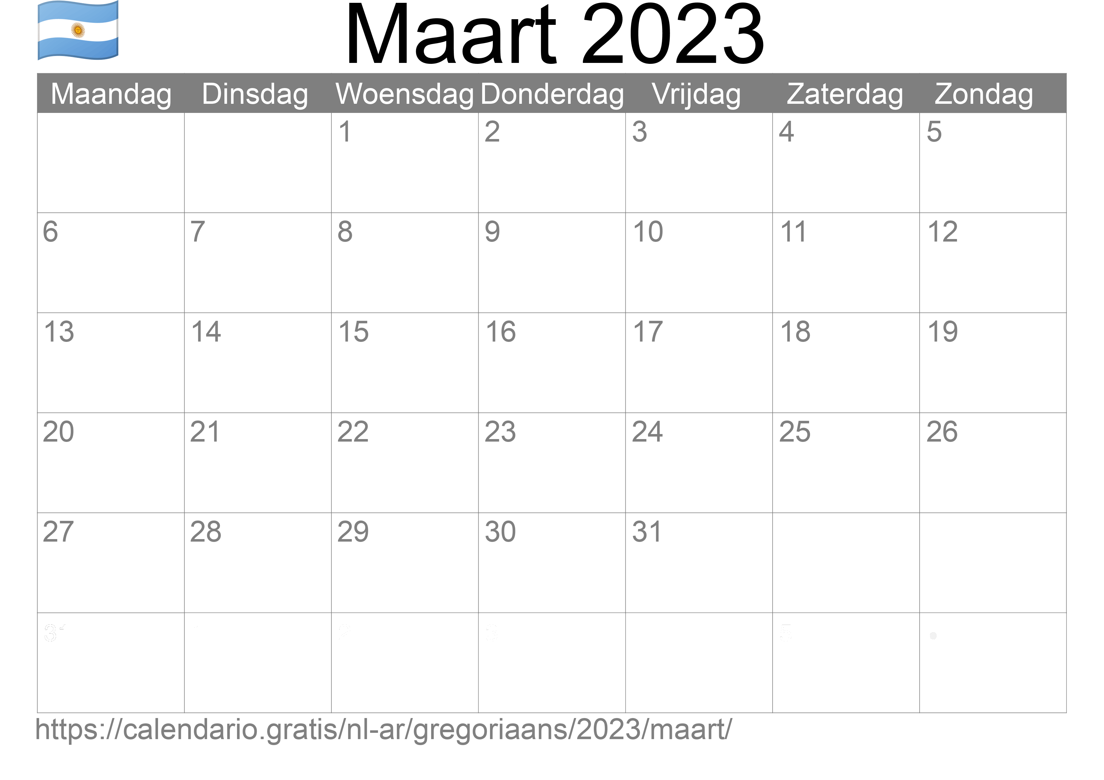 Kalender Maart 2023 om af te drukken