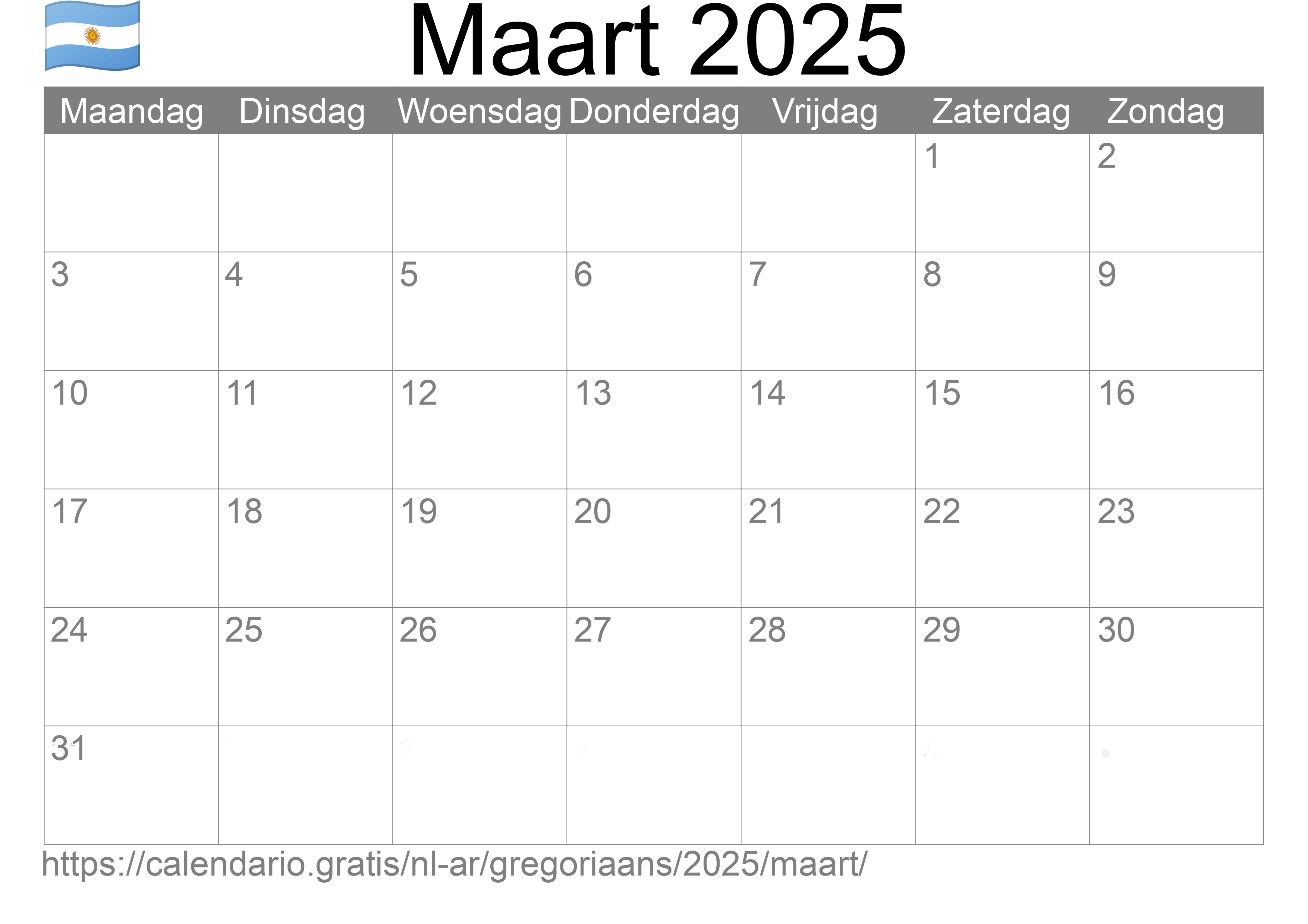 Kalender Maart 2025 om af te drukken