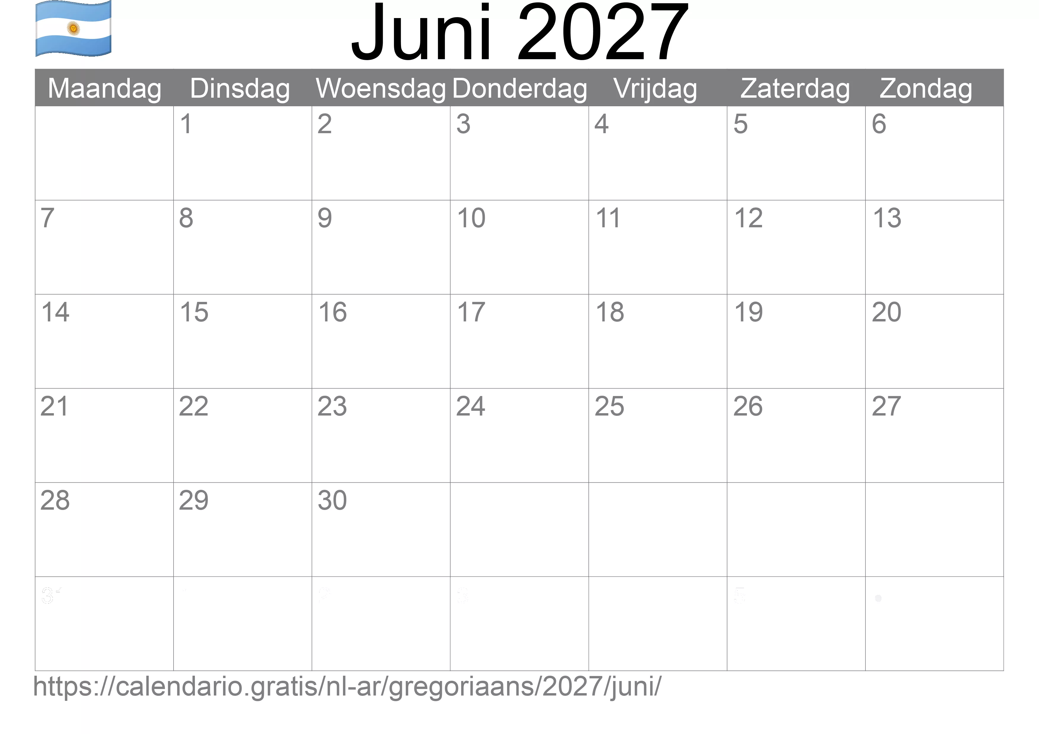 Kalender Juni 2027 om af te drukken (Argentinië)