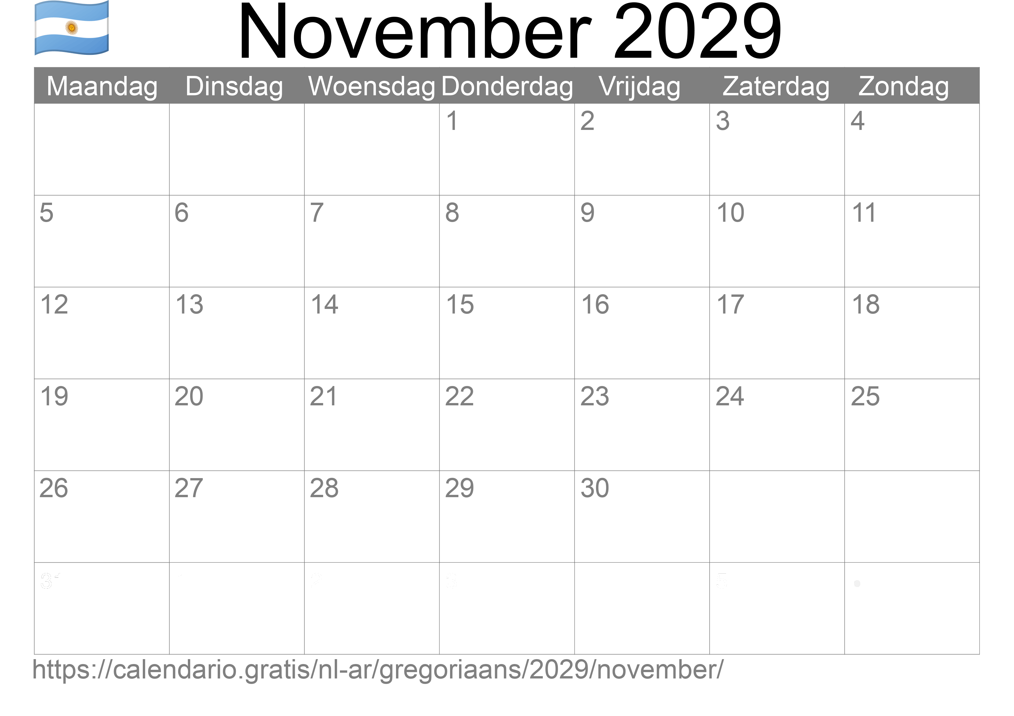 Kalender November 2029 om af te drukken