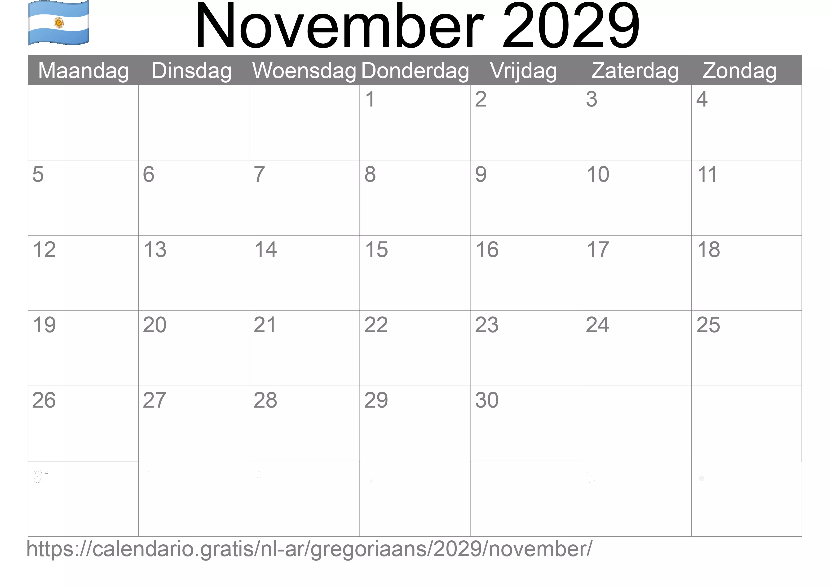 Kalender November 2029 om af te drukken (Argentinië)