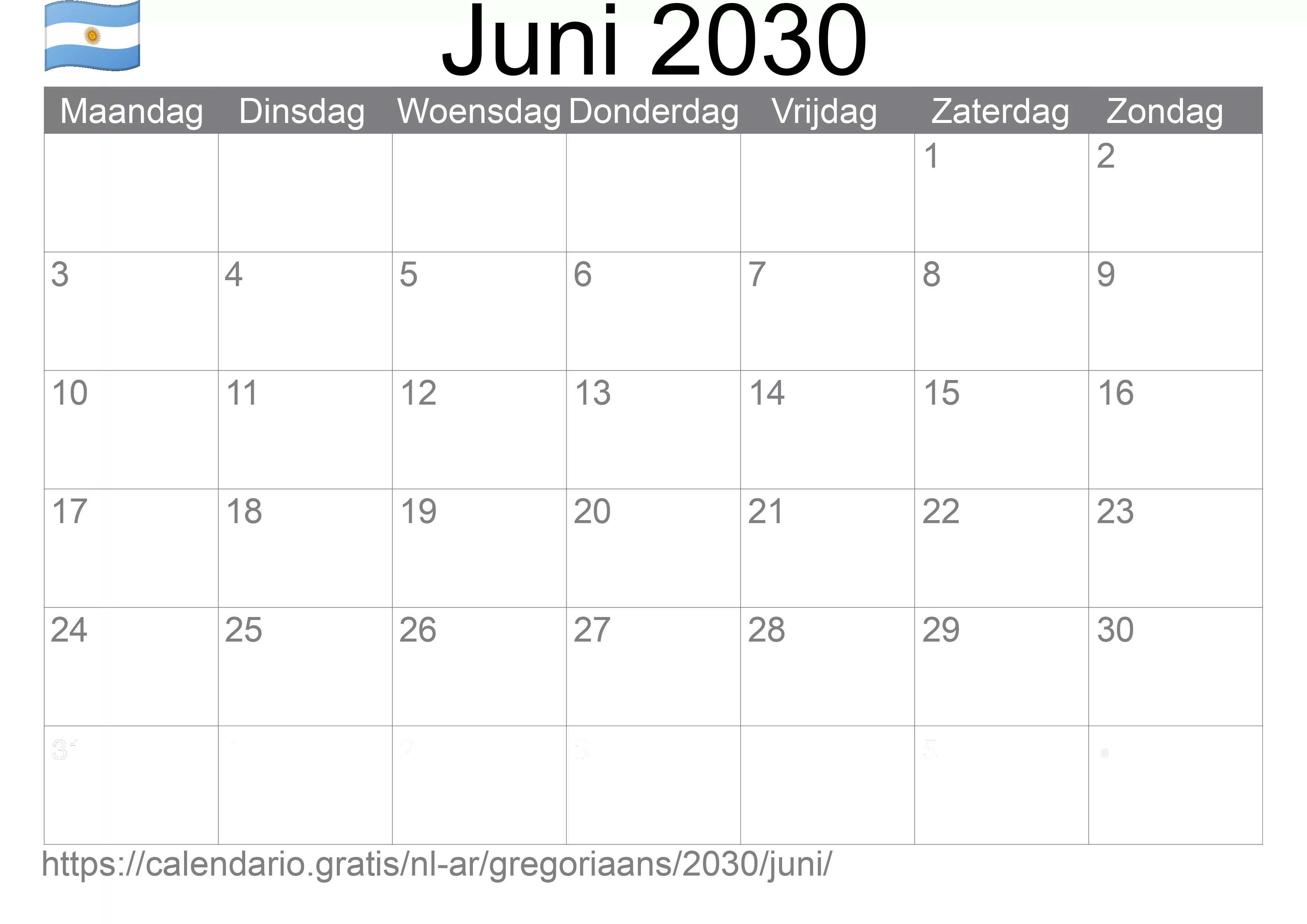 Kalender Juni 2030 om af te drukken (Argentinië)