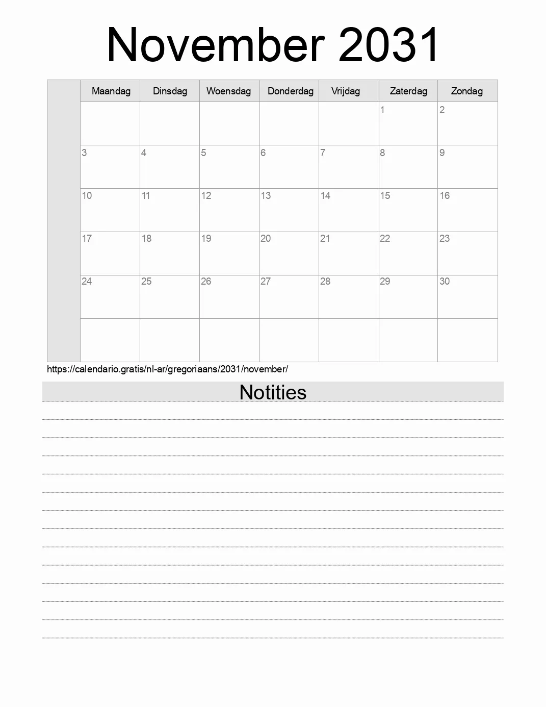 Kalender voor November 2031 om af te drukken met notities. (Argentinië)