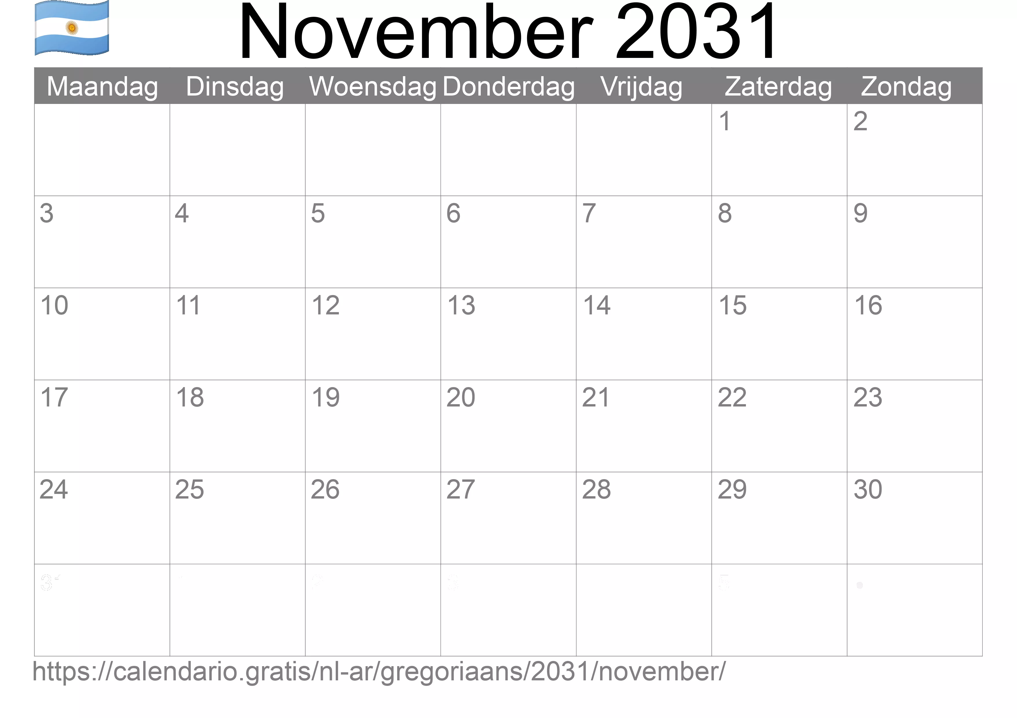Kalender November 2031 om af te drukken (Argentinië)