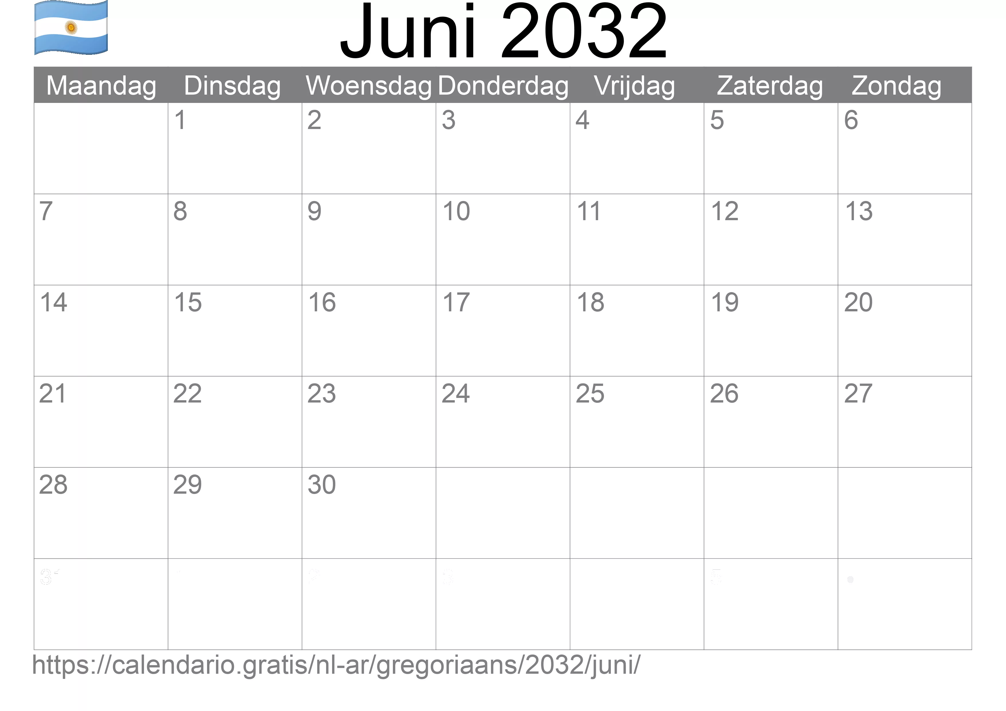 Kalender Juni 2032 om af te drukken (Argentinië)