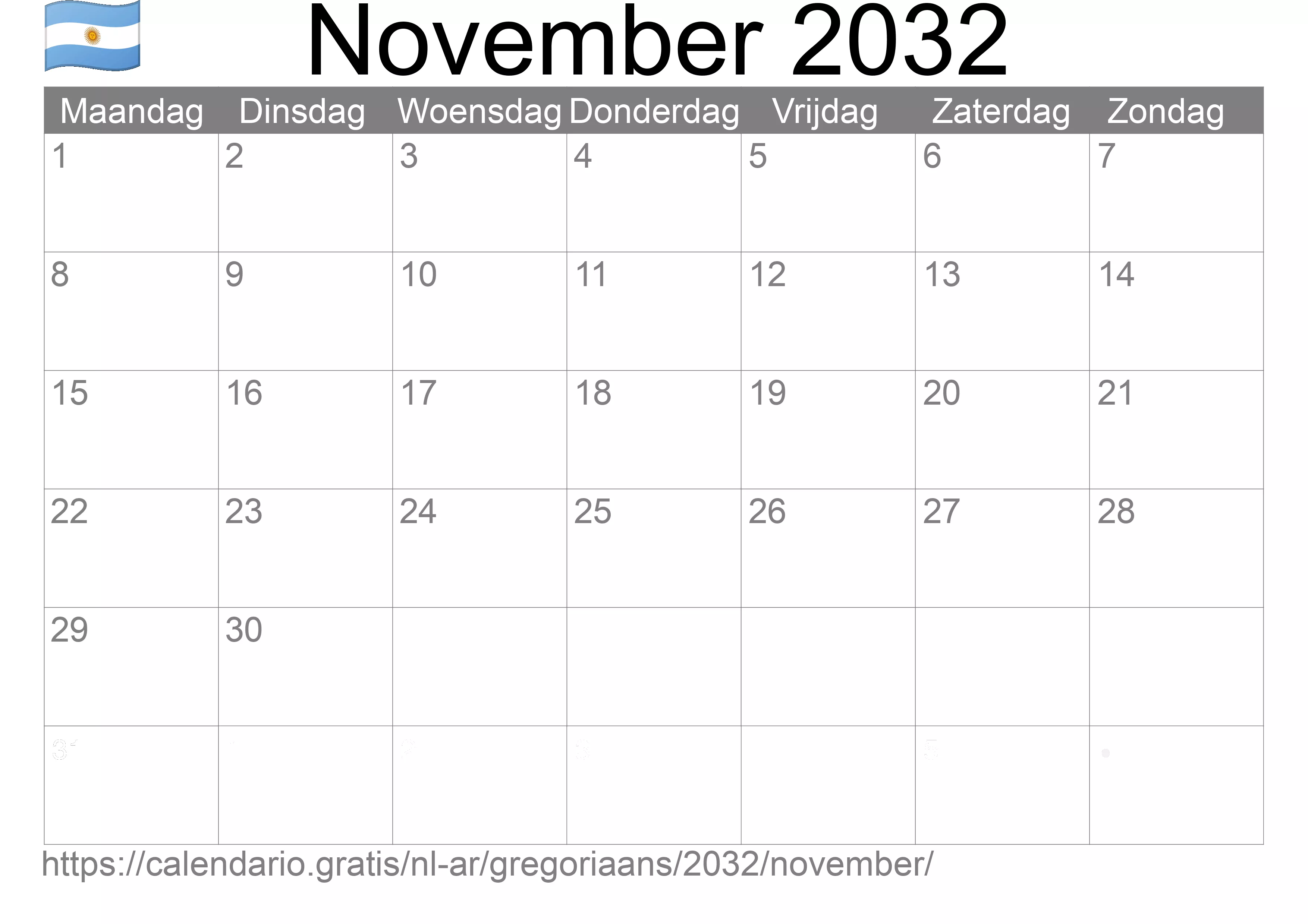 Kalender November 2032 om af te drukken (Argentinië)