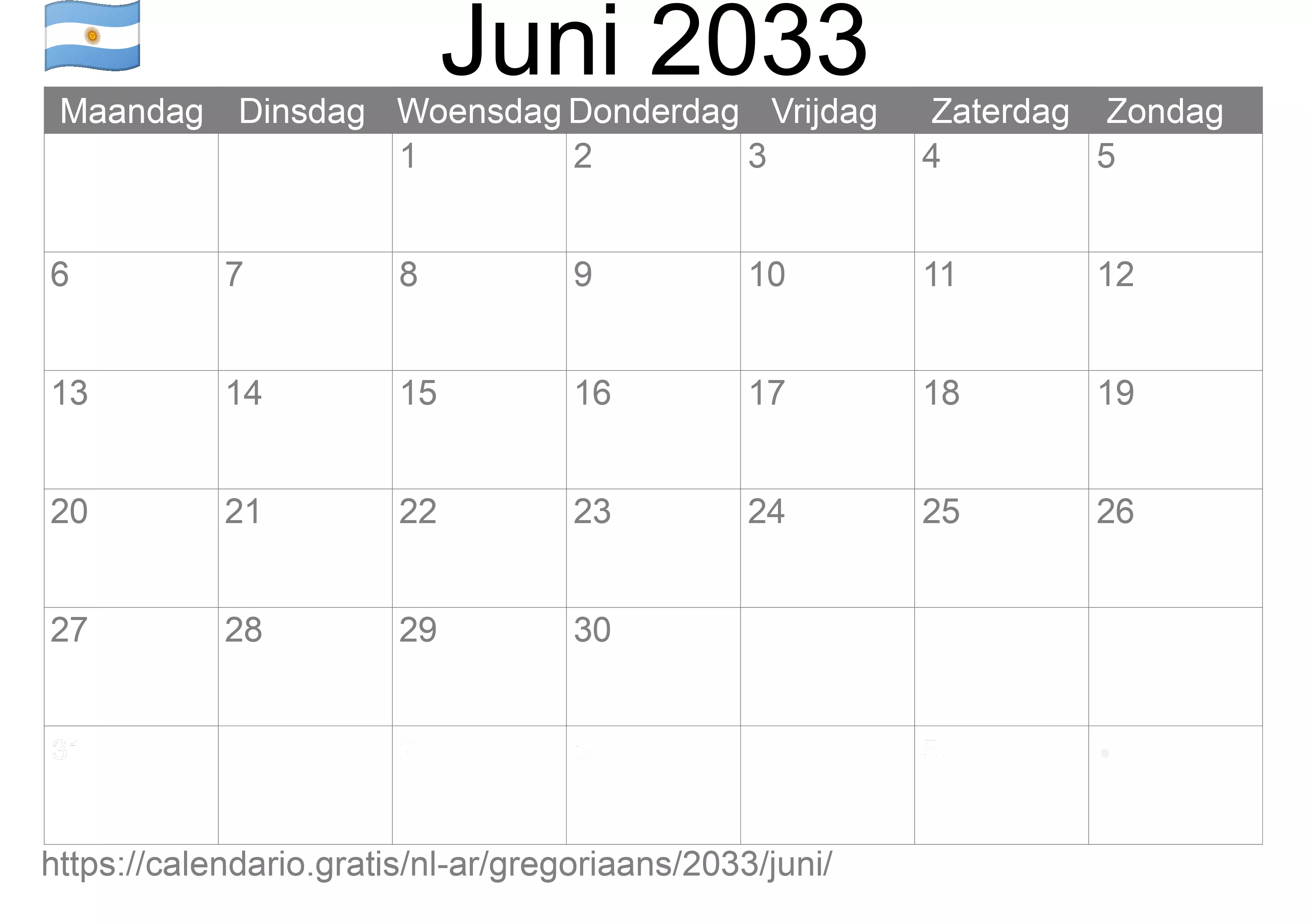 Kalender Juni 2033 om af te drukken (Argentinië)