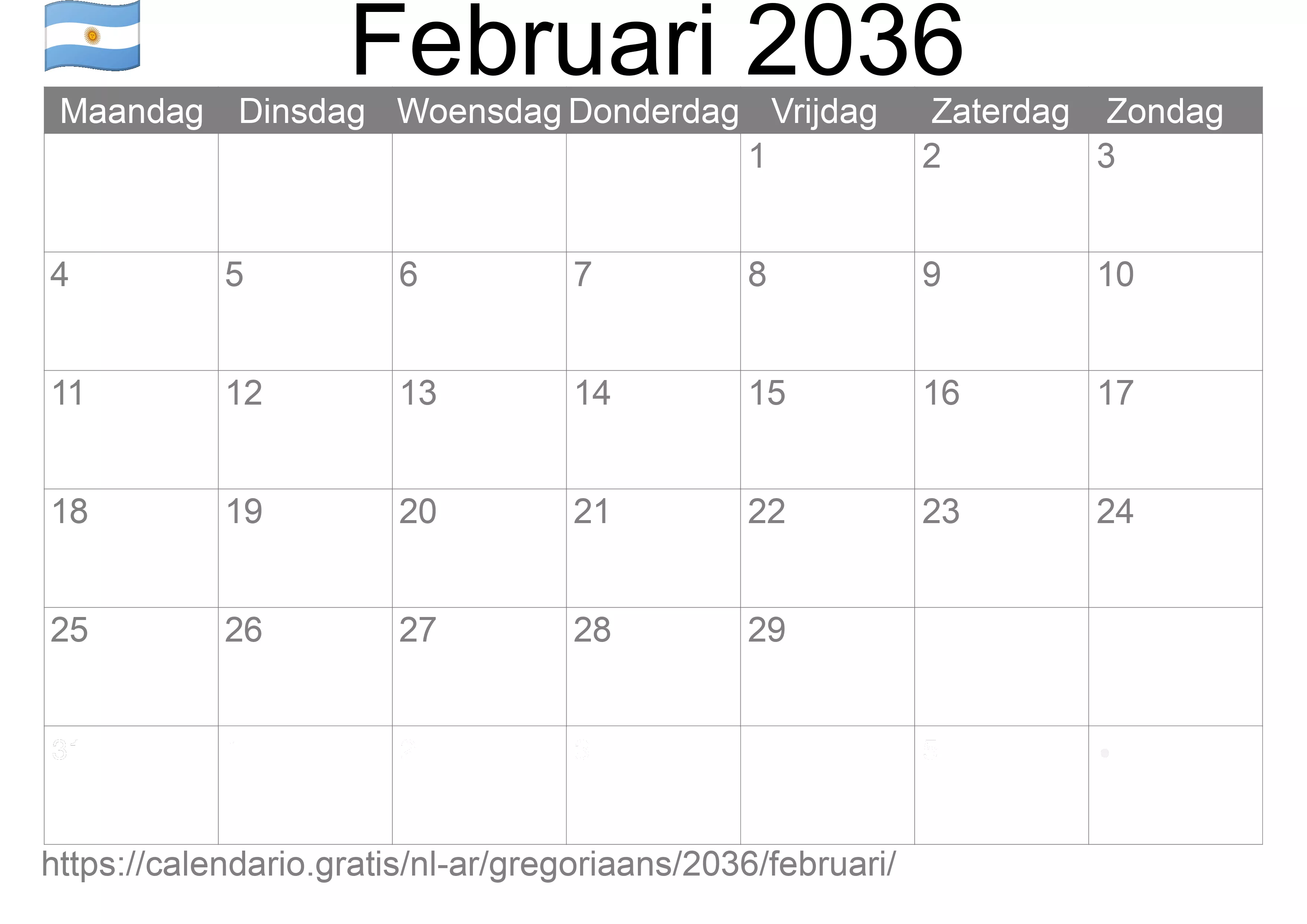 Kalender Februari 2036 om af te drukken (Argentinië)