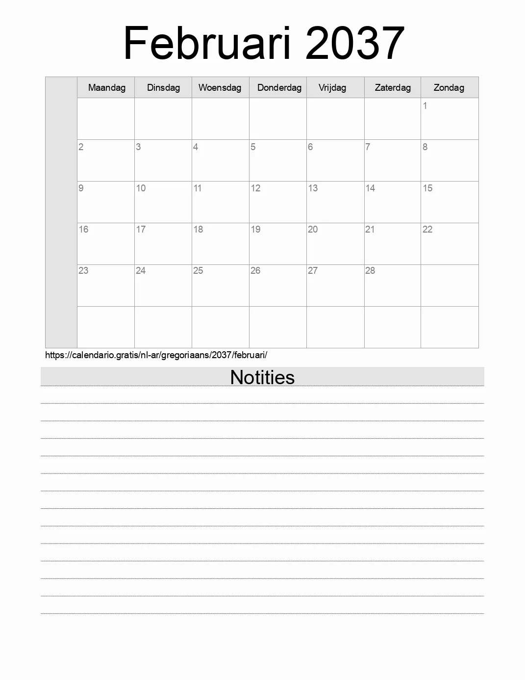 Kalender voor Februari 2037 om af te drukken met notities. (Argentinië)