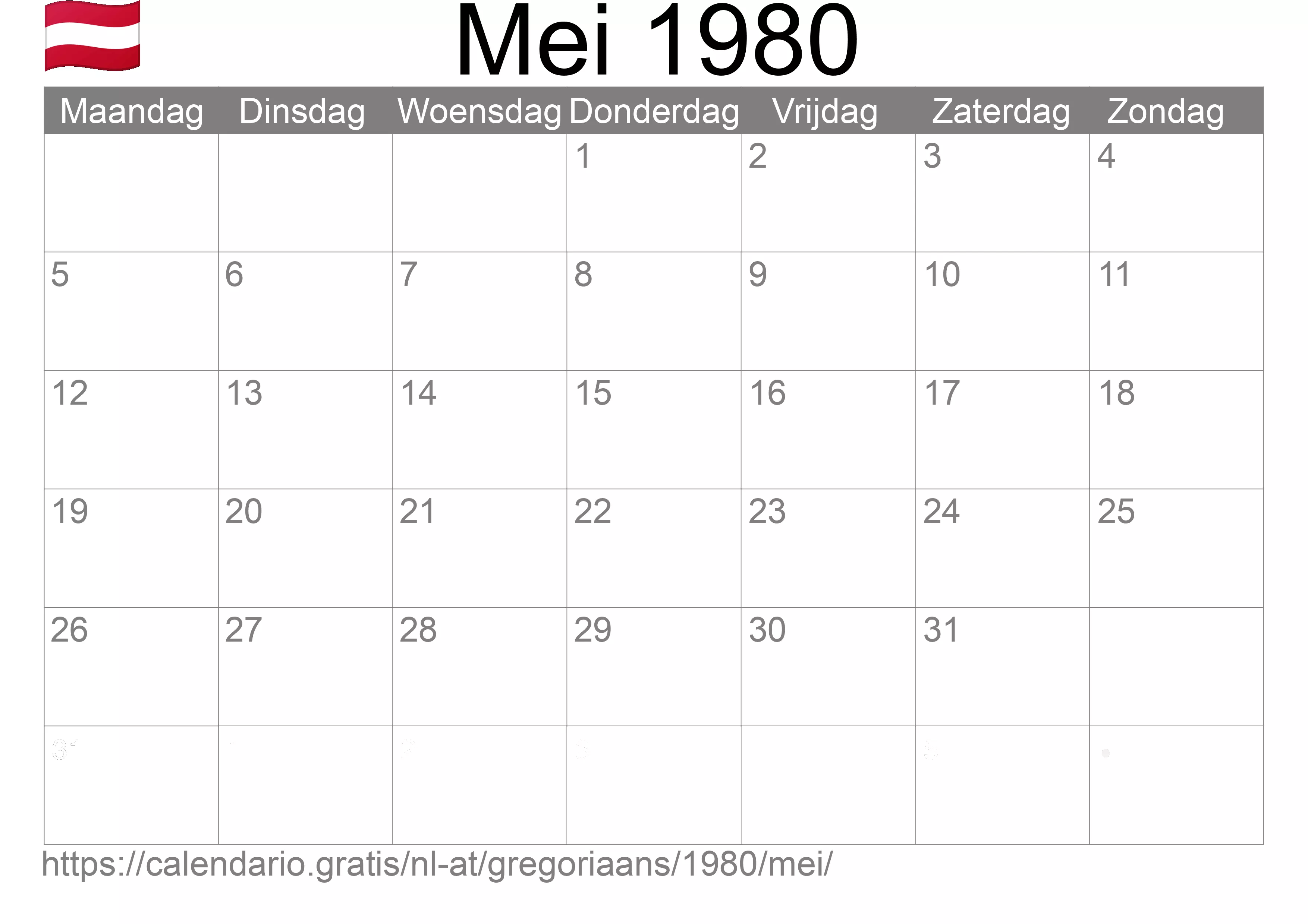 Kalender Mei 1980 om af te drukken (Oostenrijk)