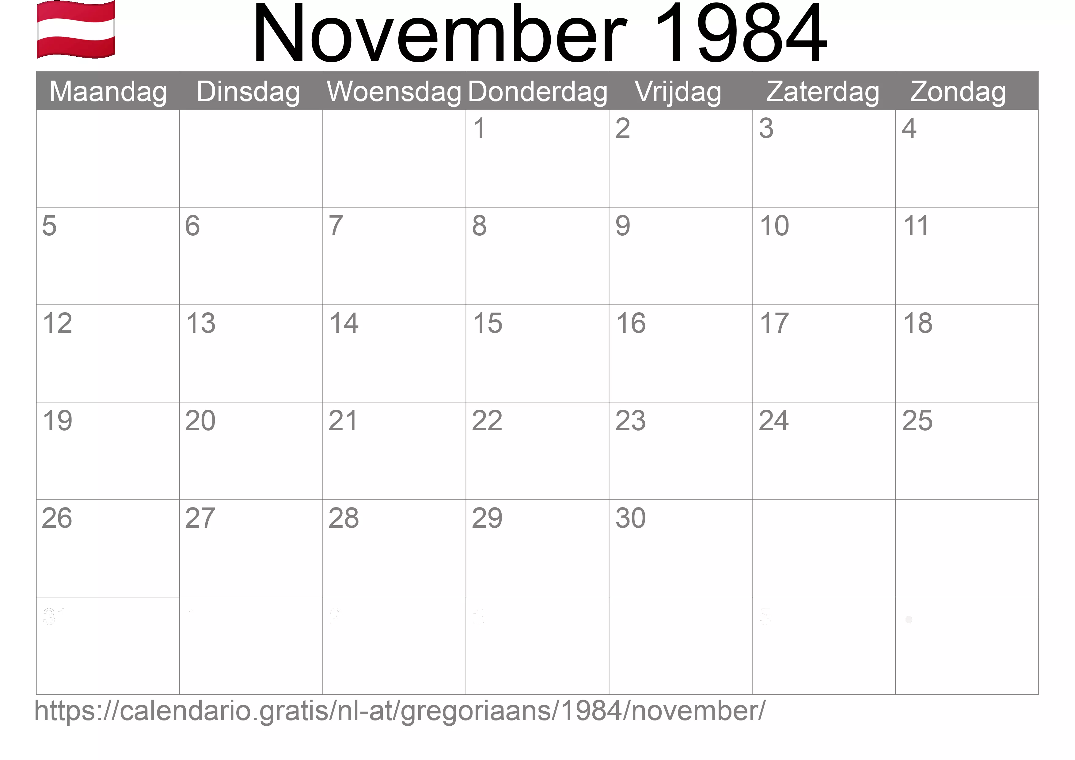 Kalender November 1984 om af te drukken (Oostenrijk)