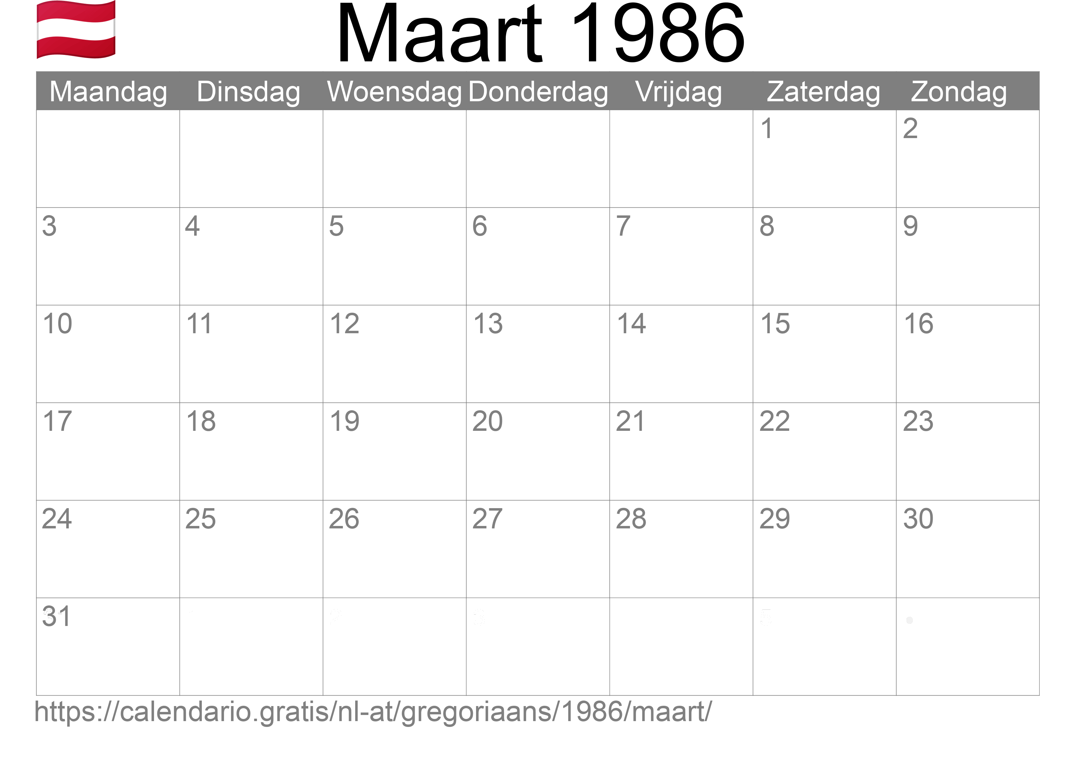 Kalender Maart 1986 om af te drukken