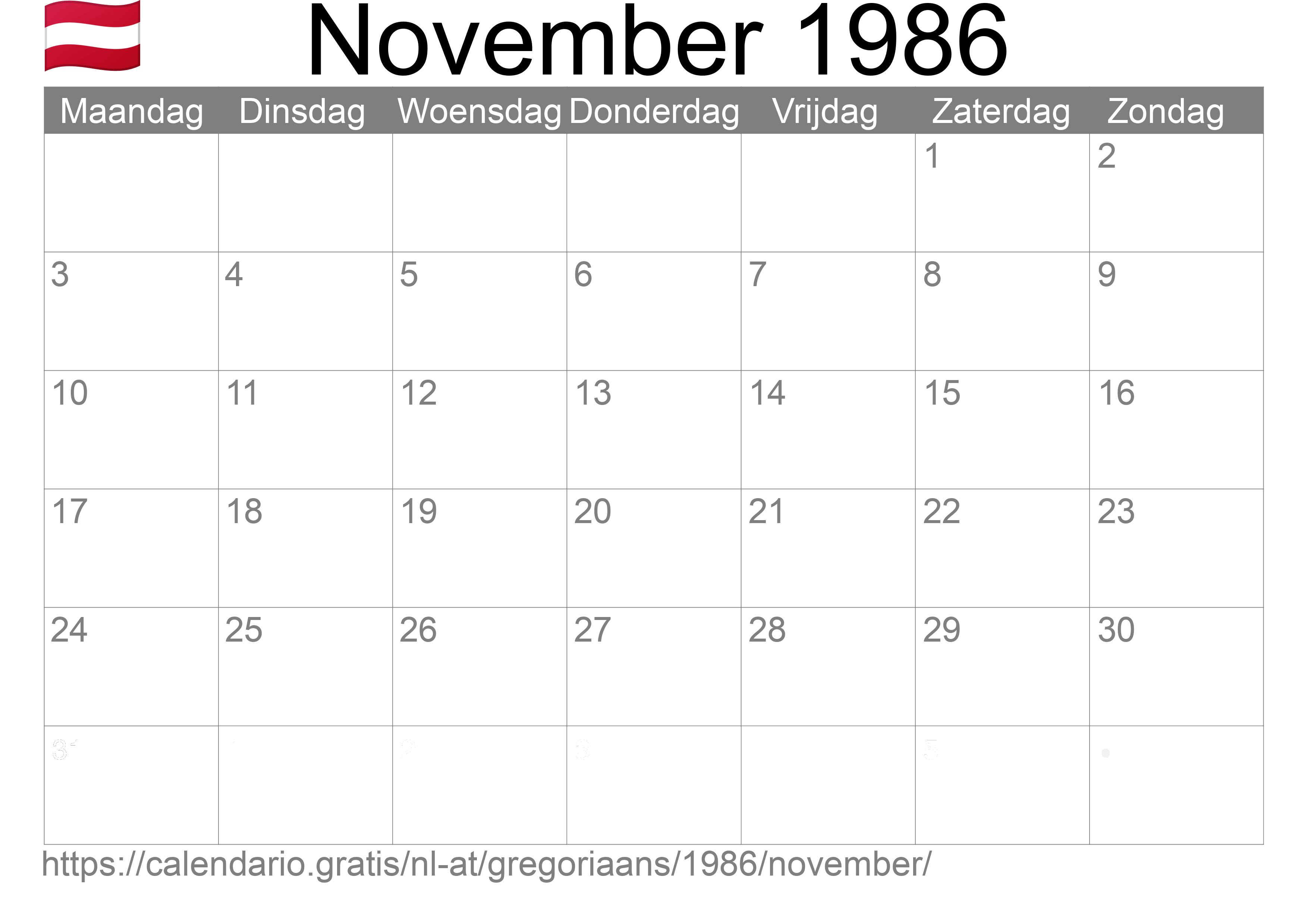 Kalender November 1986 om af te drukken