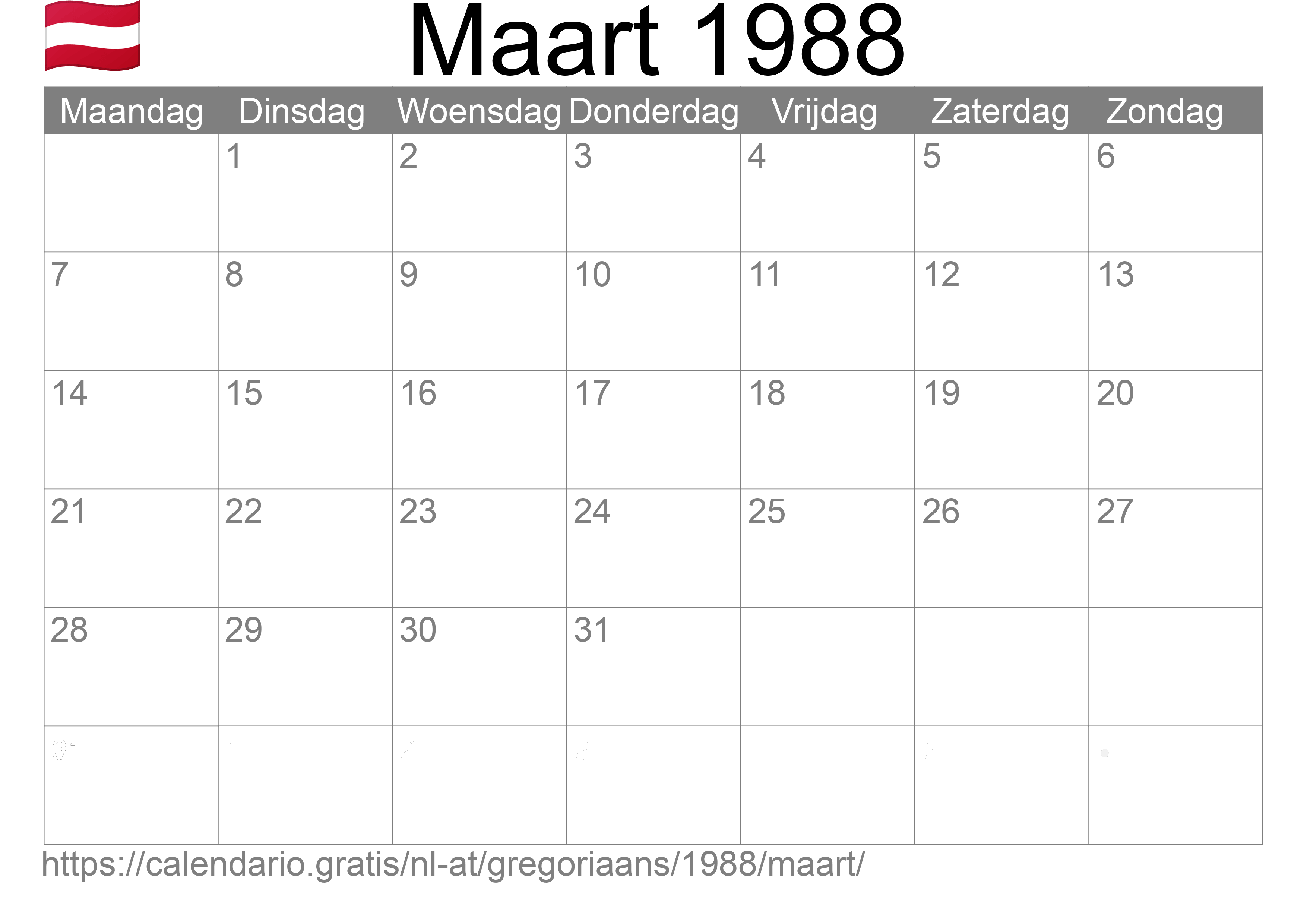 Kalender Maart 1988 om af te drukken