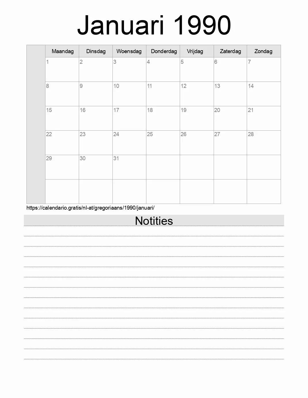 Kalender voor Januari 1990 om af te drukken met notities. (Oostenrijk)